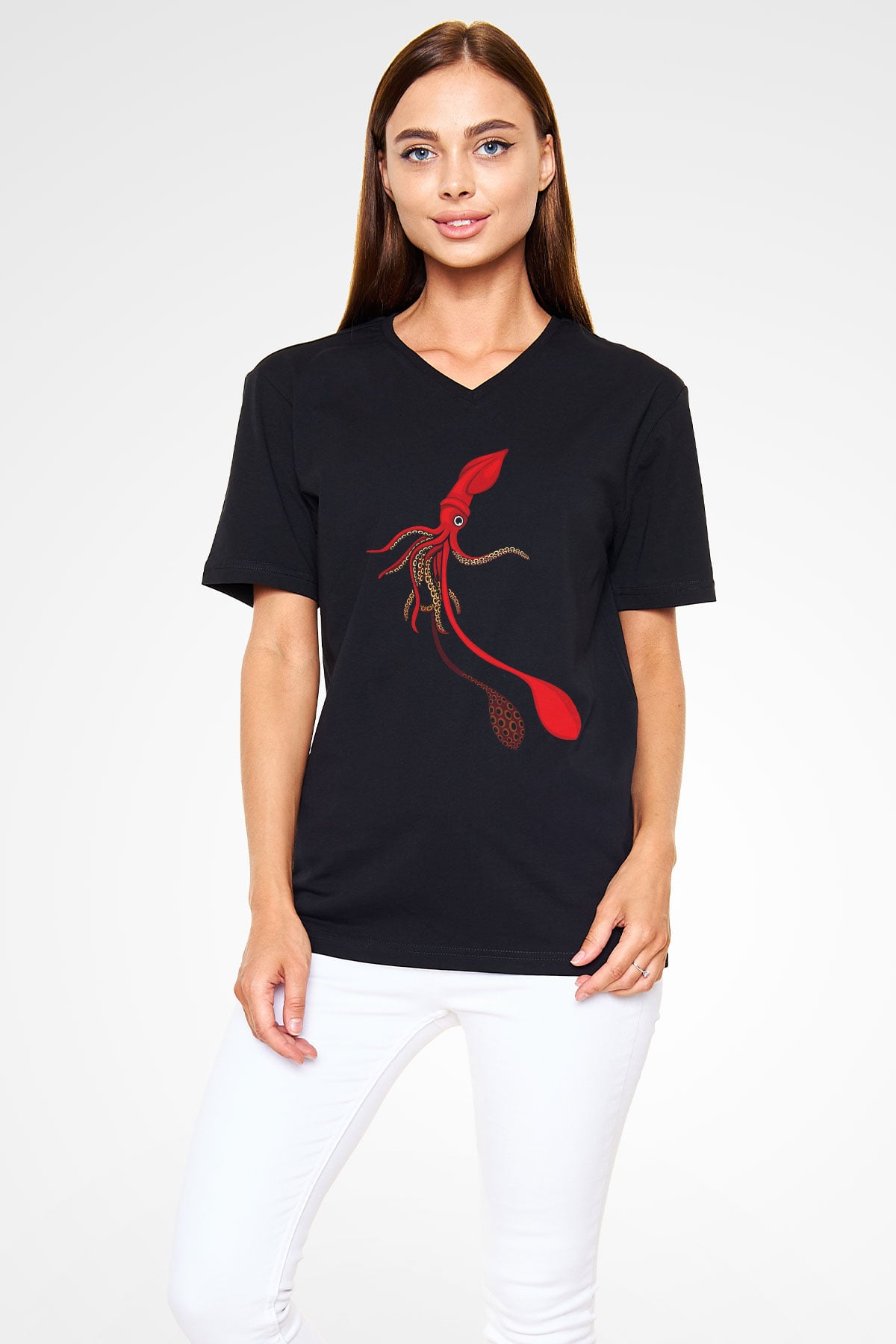 Deniz canlıları Siyah Unisex V Yaka Tişört T-Shirt