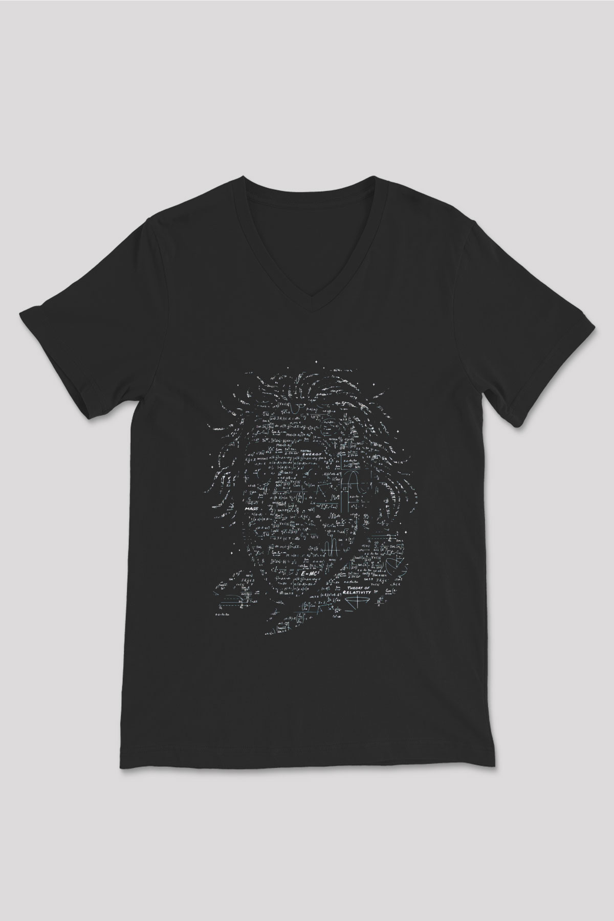 Denklemlerden Oluşan Einstein Silüeti Baskılı Unisex Siyah V Yaka Tişört