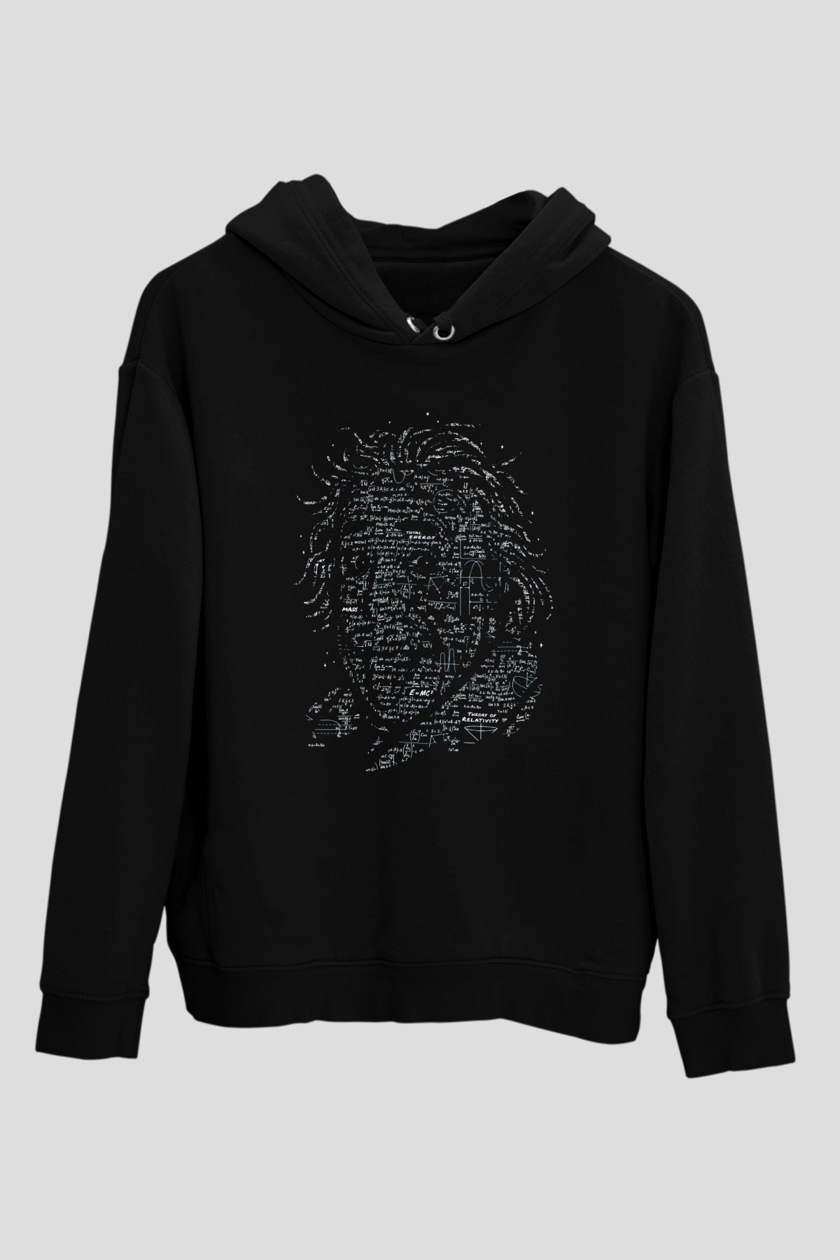 Denklemlerden Oluşan Einstein Silüeti Baskılı Unisex Siyah Hoodie