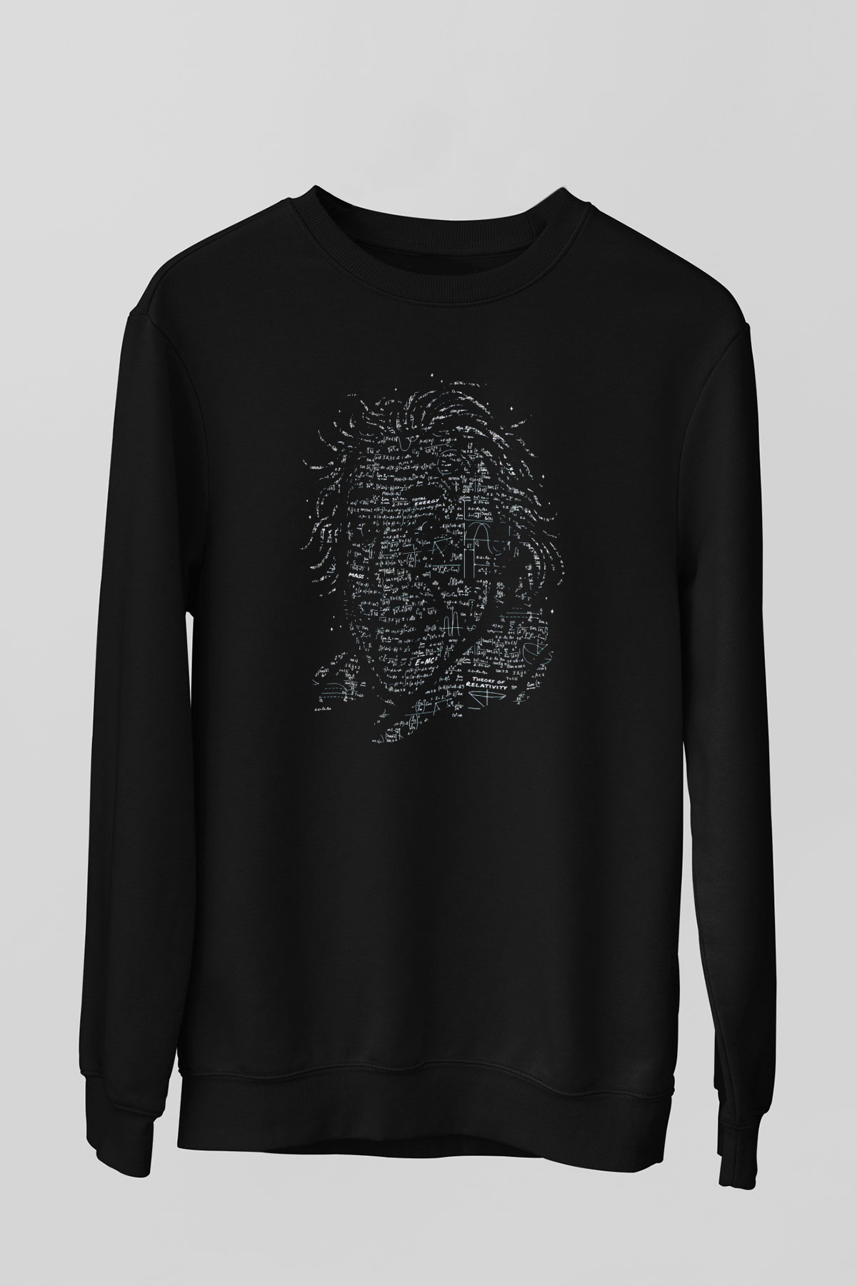 Denklemlerden Oluşan Einstein Silüeti Baskılı Unisex Siyah Sweatshirt