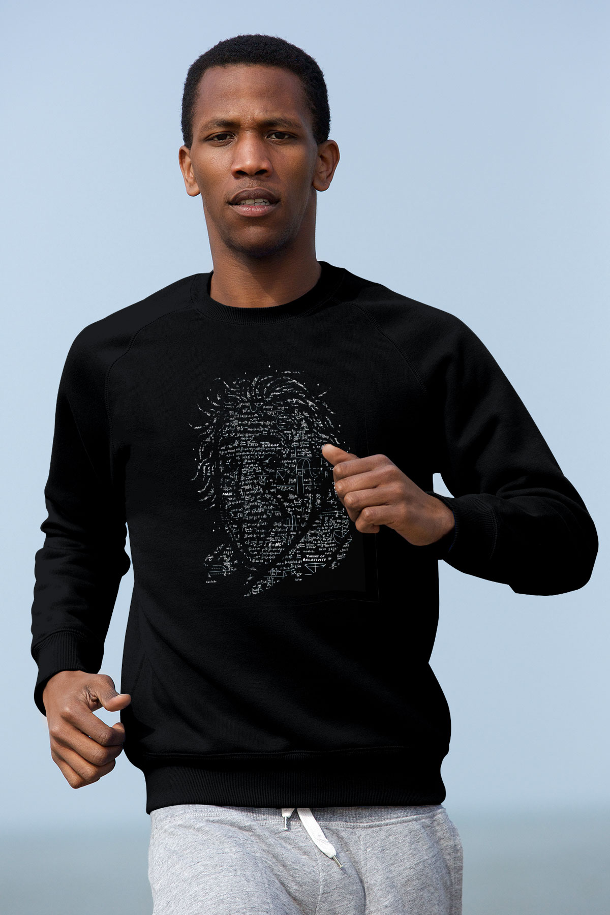Denklemlerden Oluşan Einstein Silüeti Baskılı Unisex Siyah Sweatshirt