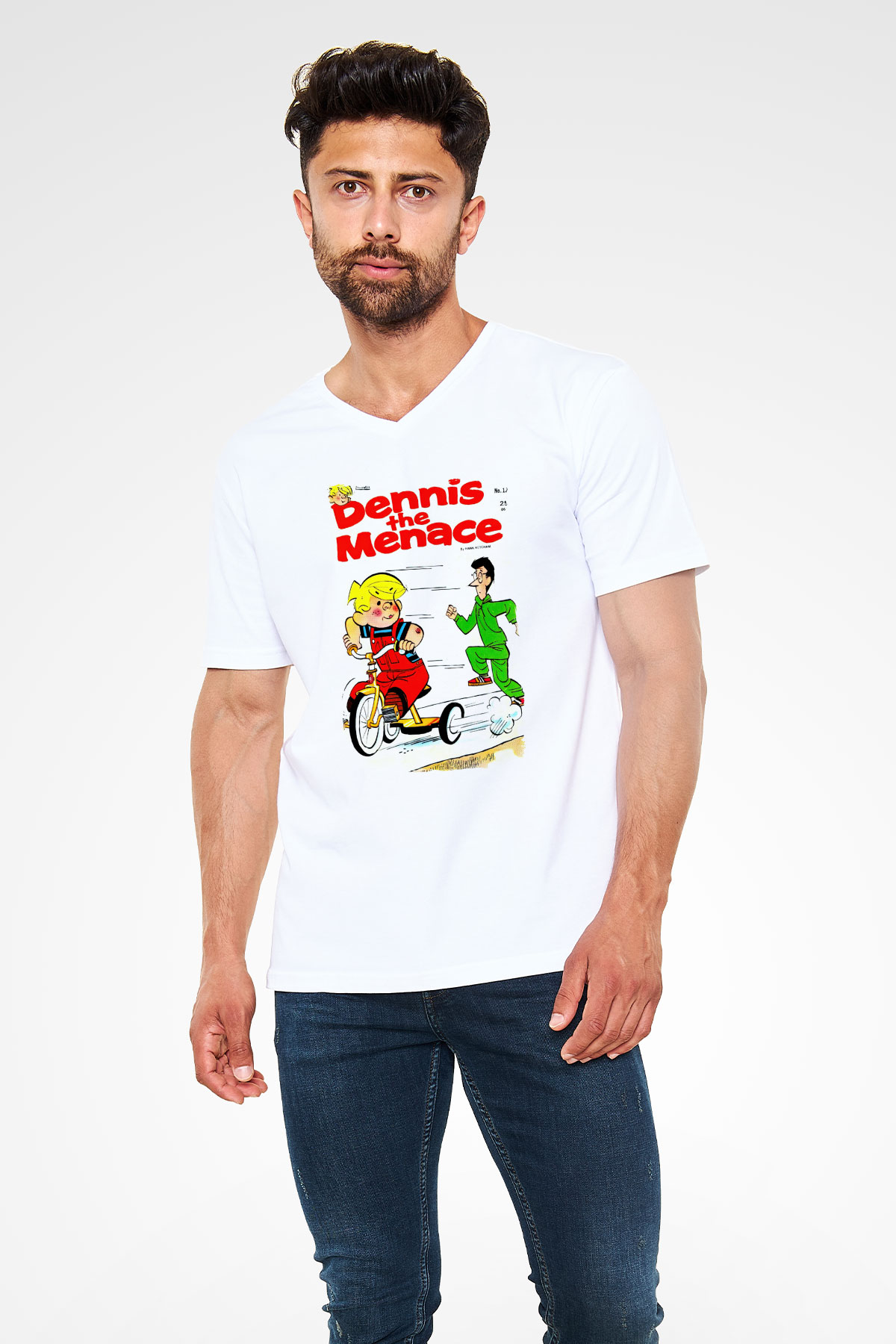 Dennis the Menace Beyaz Unisex V Yaka Tişört