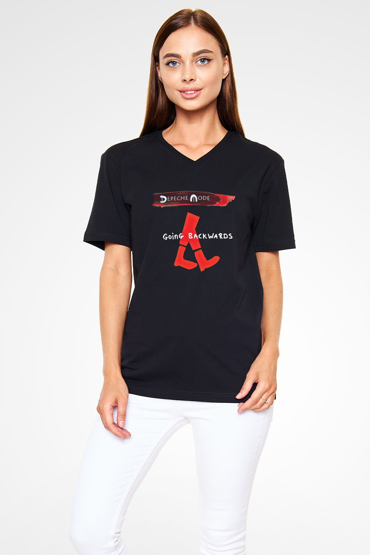 Depeche Mode Baskılı Unisex Siyah V Yaka Tişört