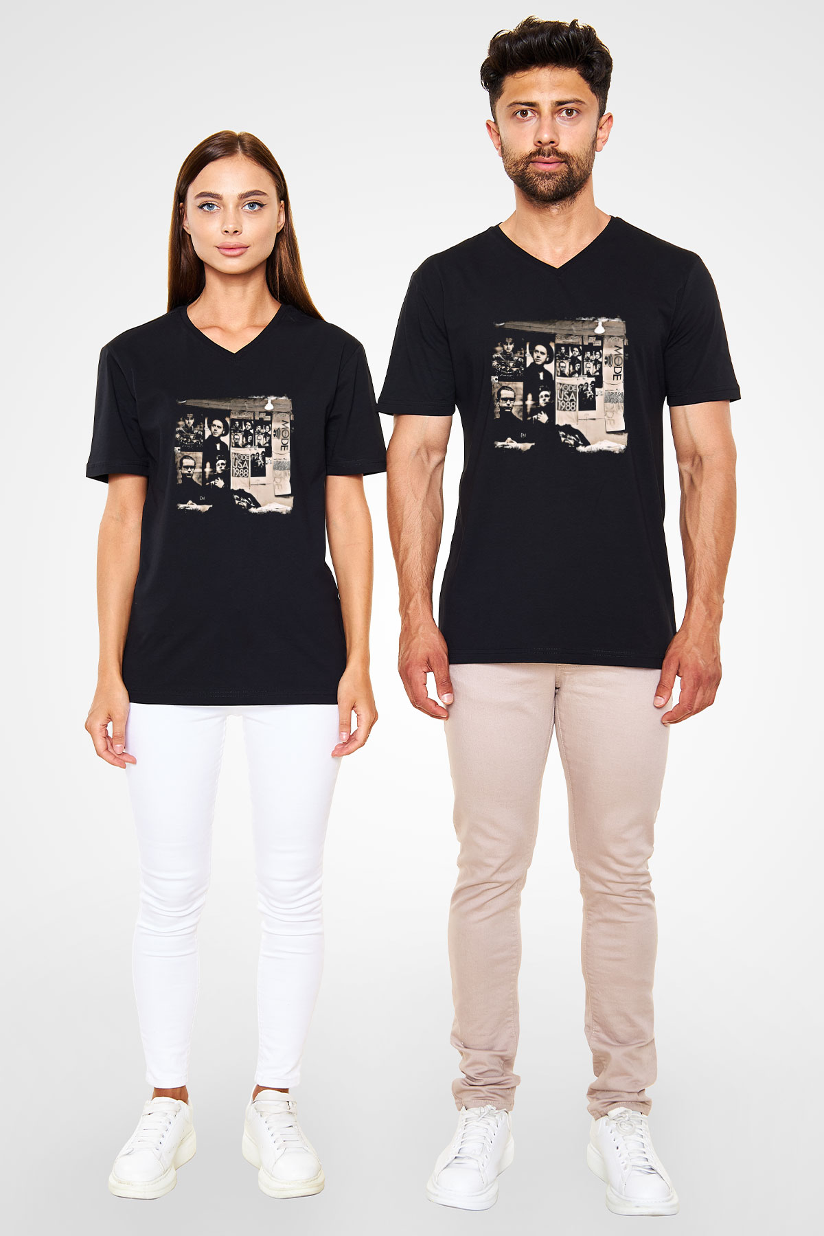 Depeche Mode Baskılı Unisex Siyah V Yaka Tişört
