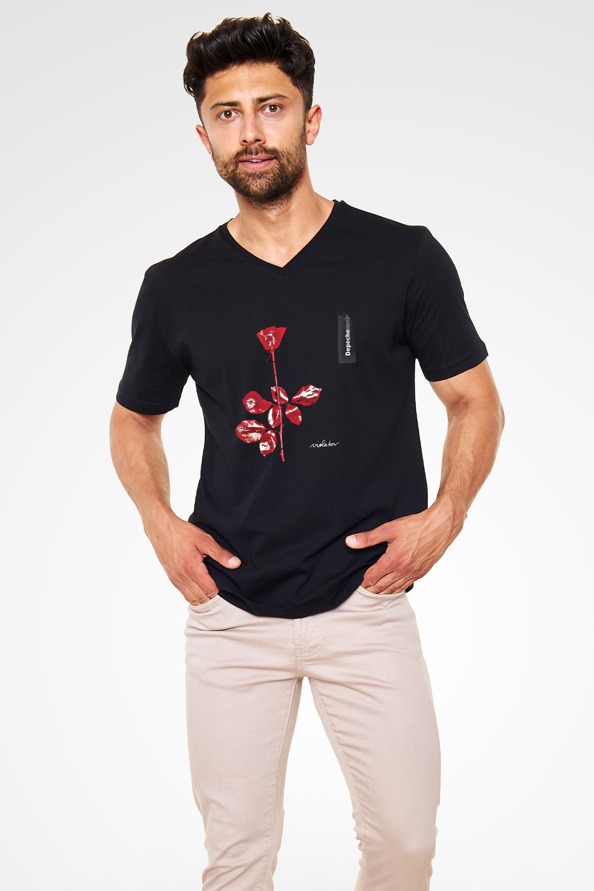Depeche Mode Baskılı Unisex Siyah V Yaka Tişört