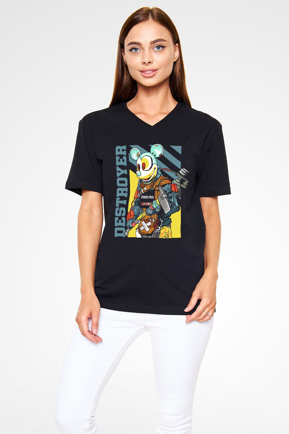 Destroyer Baskılı Unisex Siyah  V Yaka Tişört