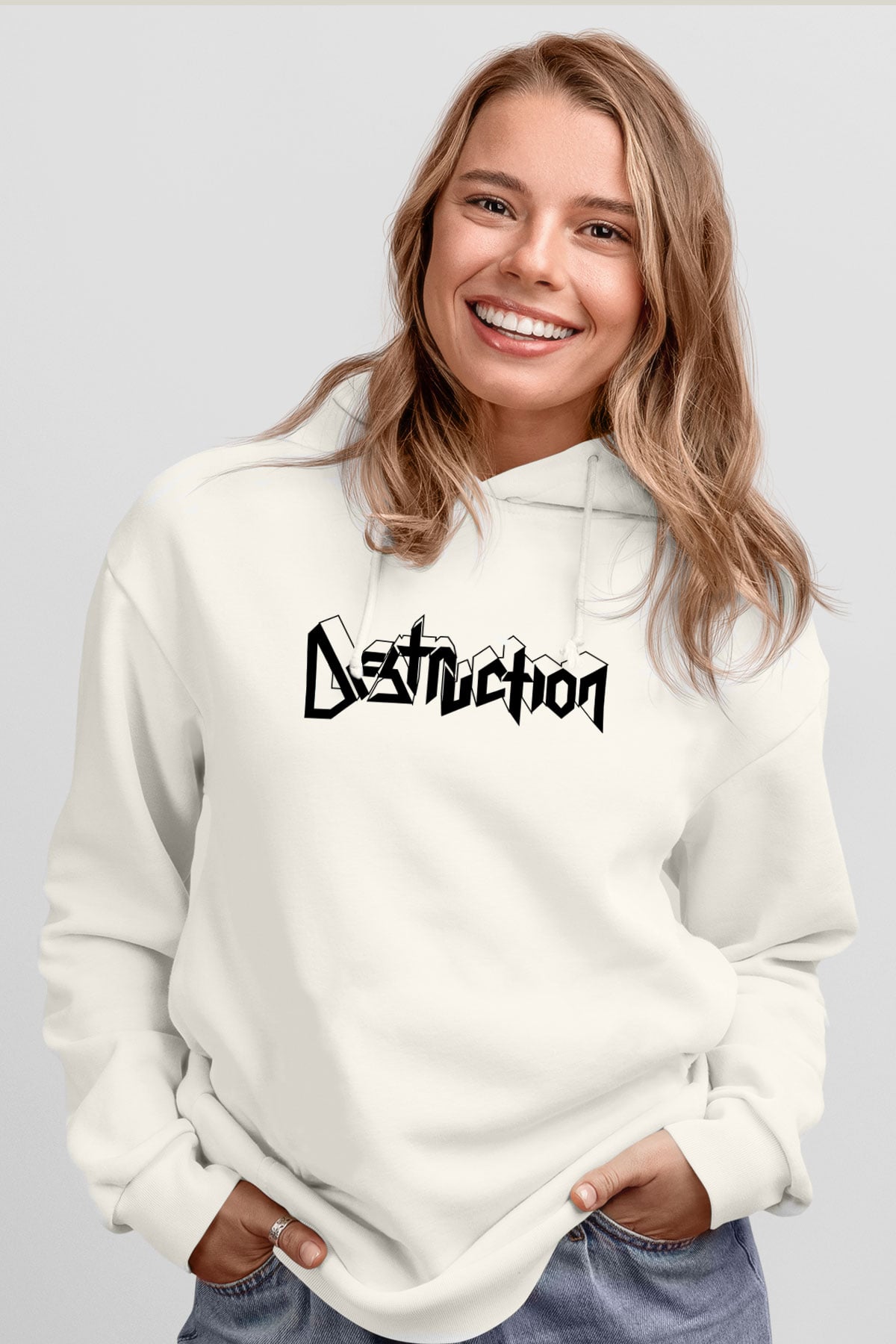 Destruction Beyaz Unisex Kapşonlu Sweatshirt