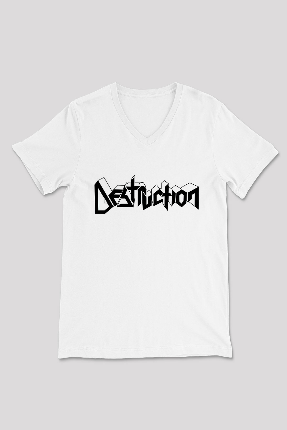 Destruction Beyaz Unisex V Yaka Tişört T-Shirt