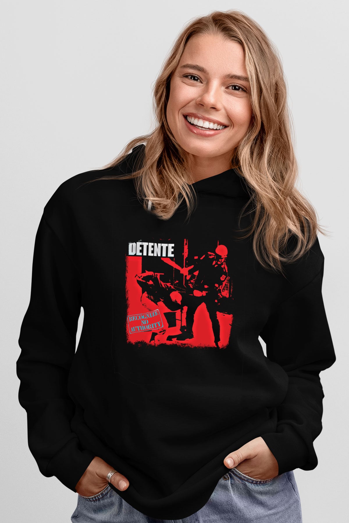 Detente Baskılı Unisex Siyah Hoodie