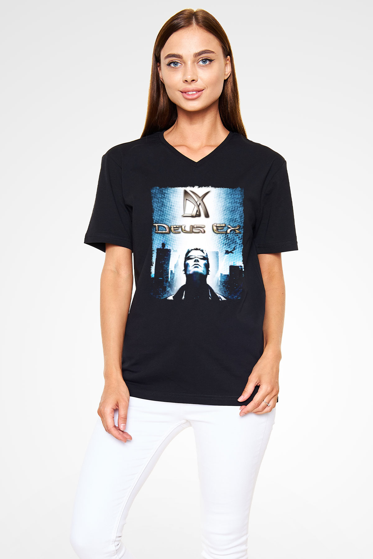 Deus Ex Siyah Unisex V Yaka Tişört
