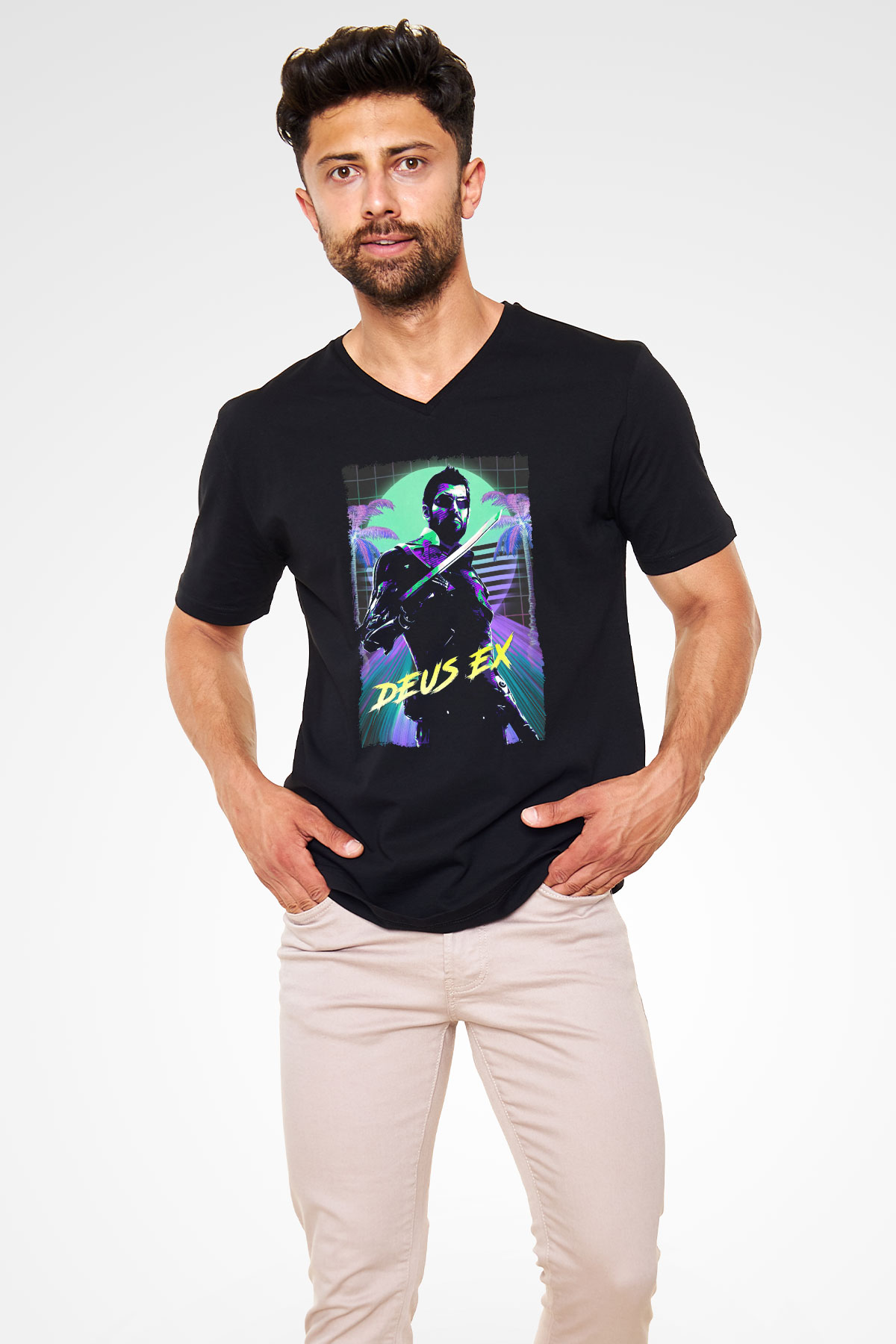 Deus Ex Siyah Unisex V Yaka Tişört