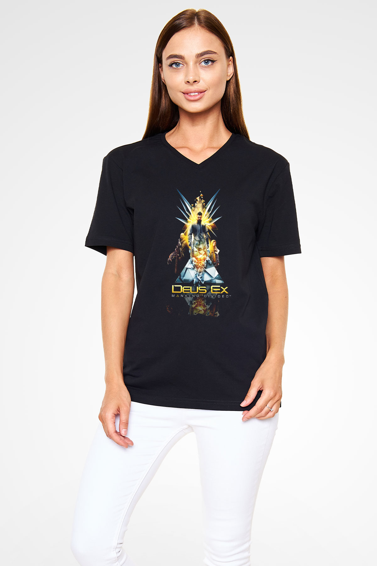 Deus Ex Siyah Unisex V Yaka Tişört