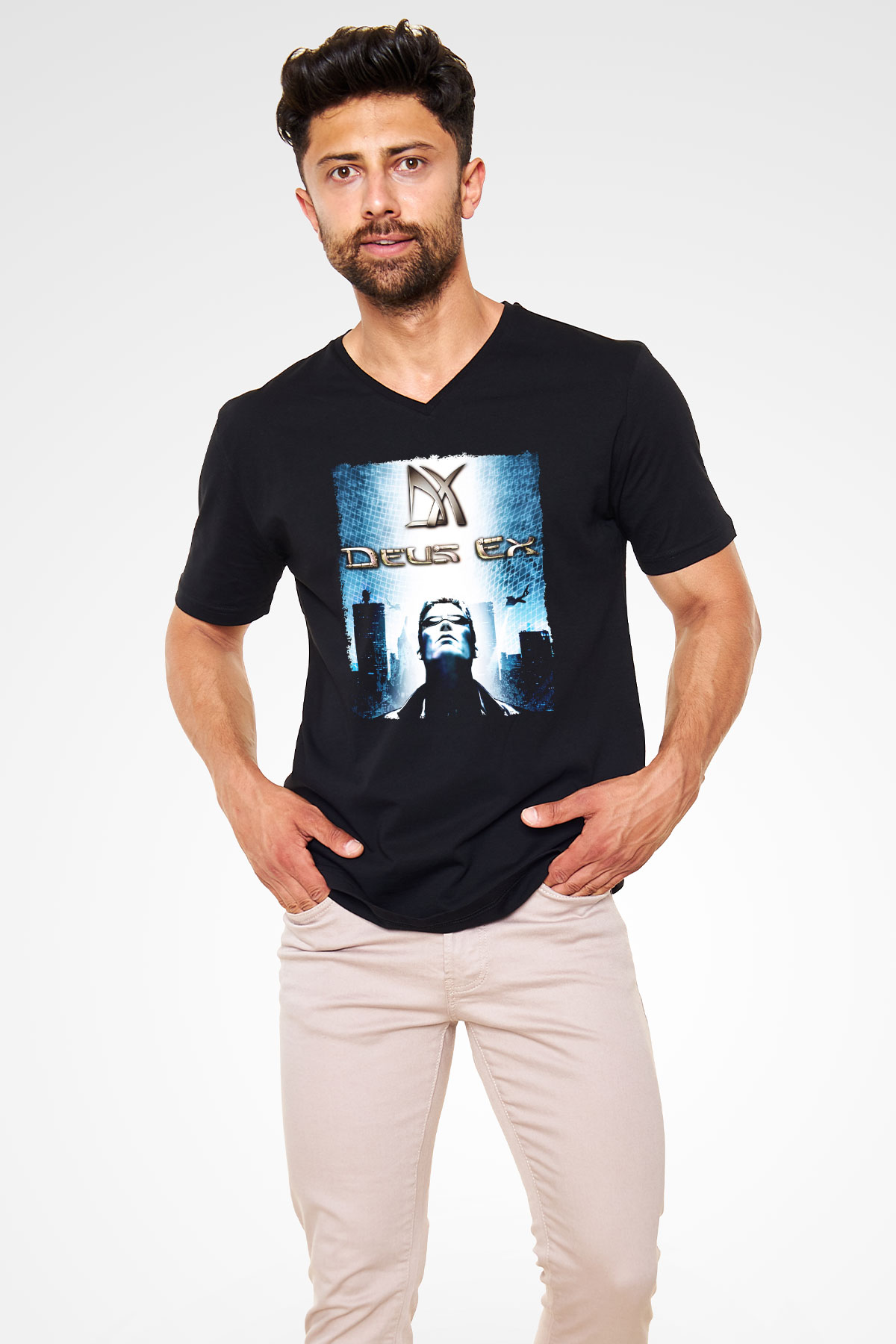 Deus Ex Siyah Unisex V Yaka Tişört