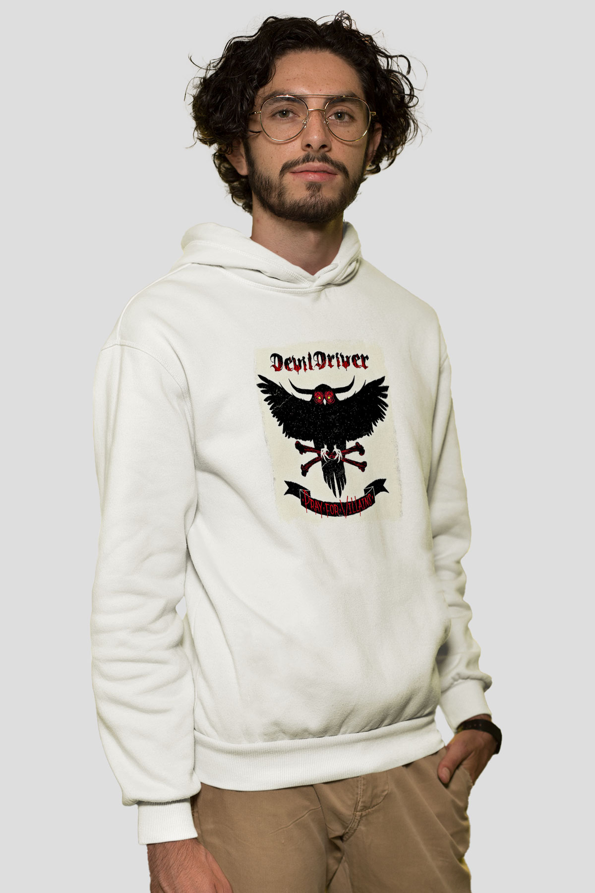 Devil Driver Baskılı Unisex Beyaz Hoodie