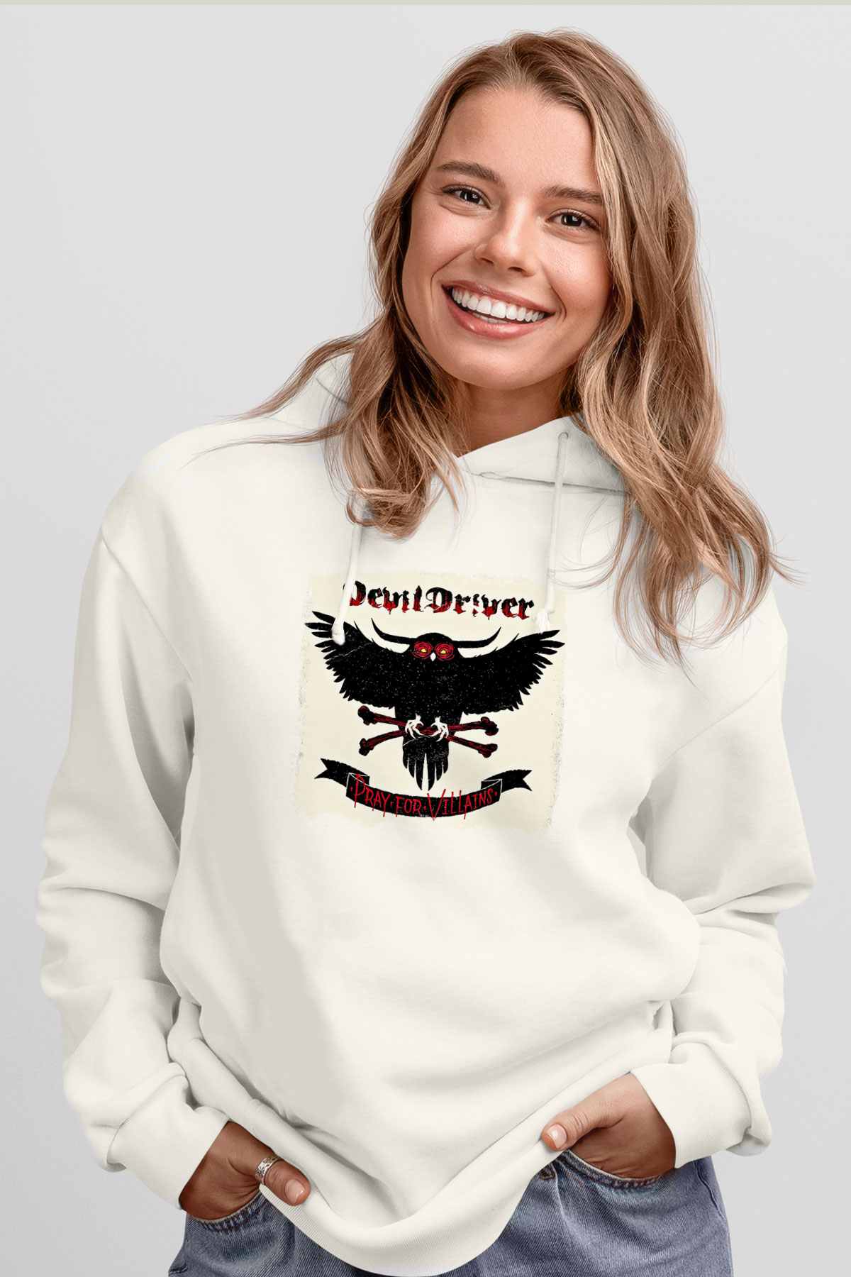 Devil Driver Baskılı Unisex Beyaz Hoodie