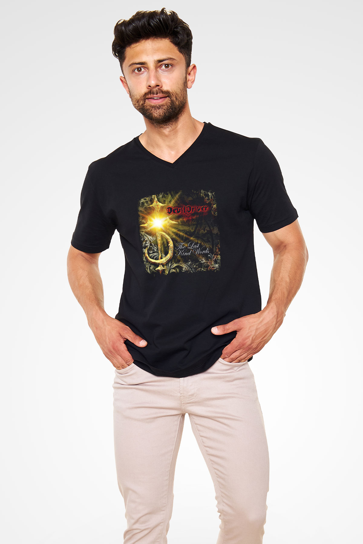Devil Driver Baskılı Unisex Siyah V Yaka Tişört