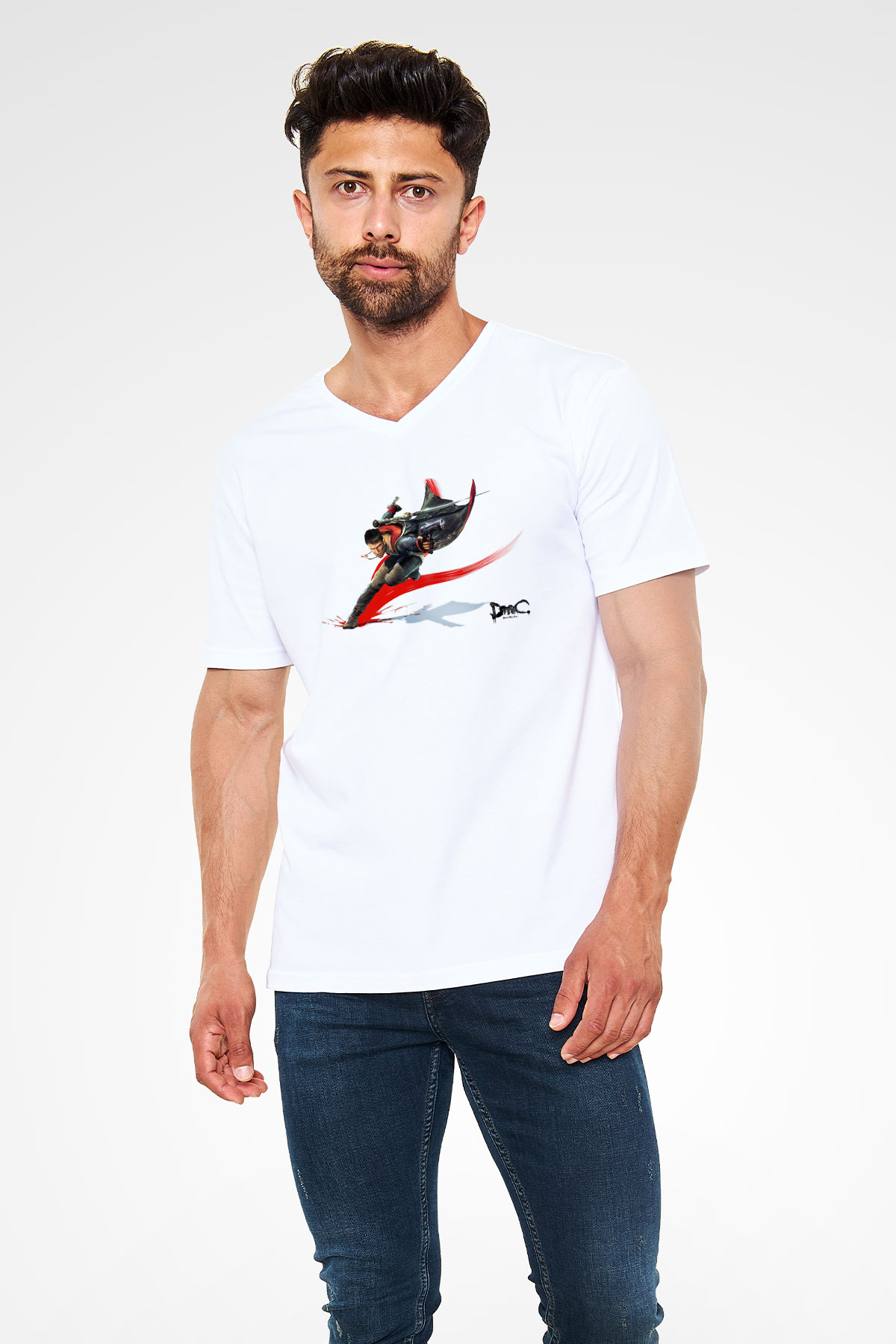 Devil May Cry Beyaz Unisex V Yaka Tişört