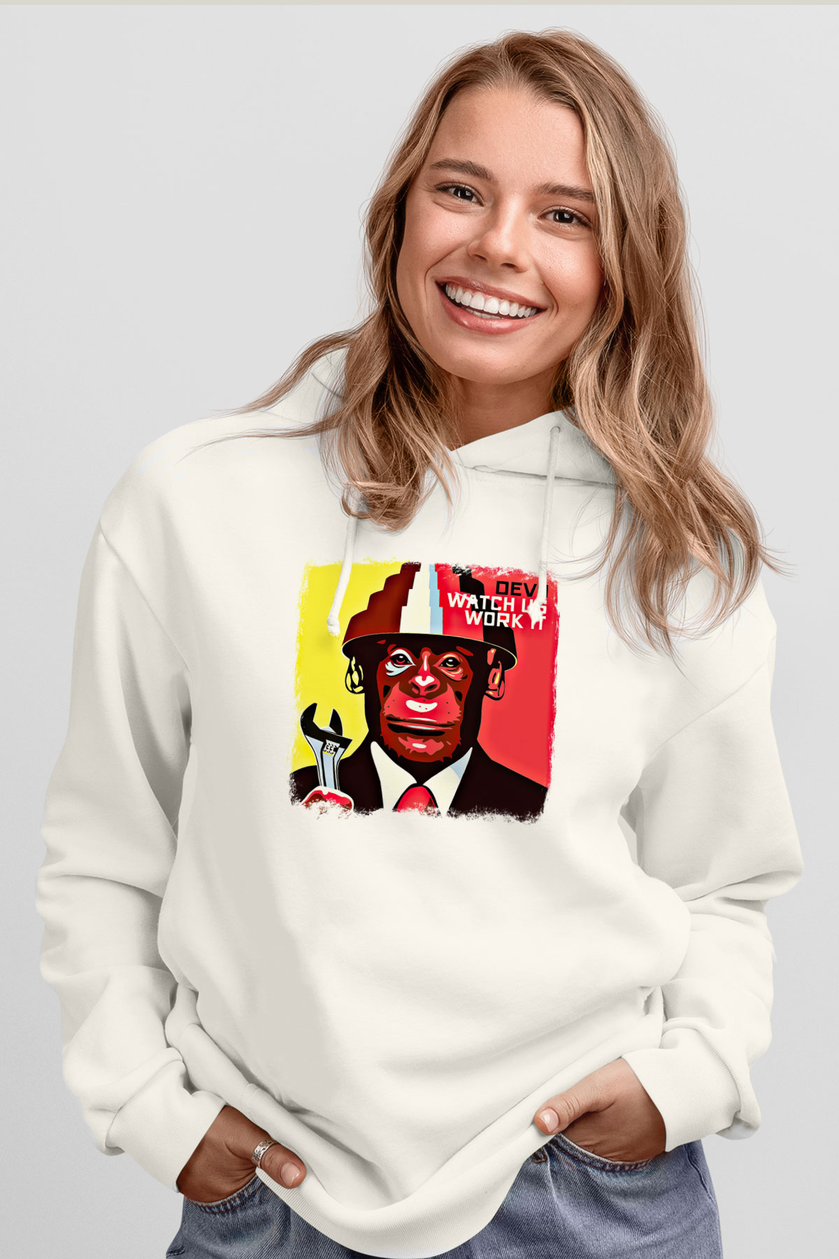 Devo Baskılı Unisex Beyaz Hoodie