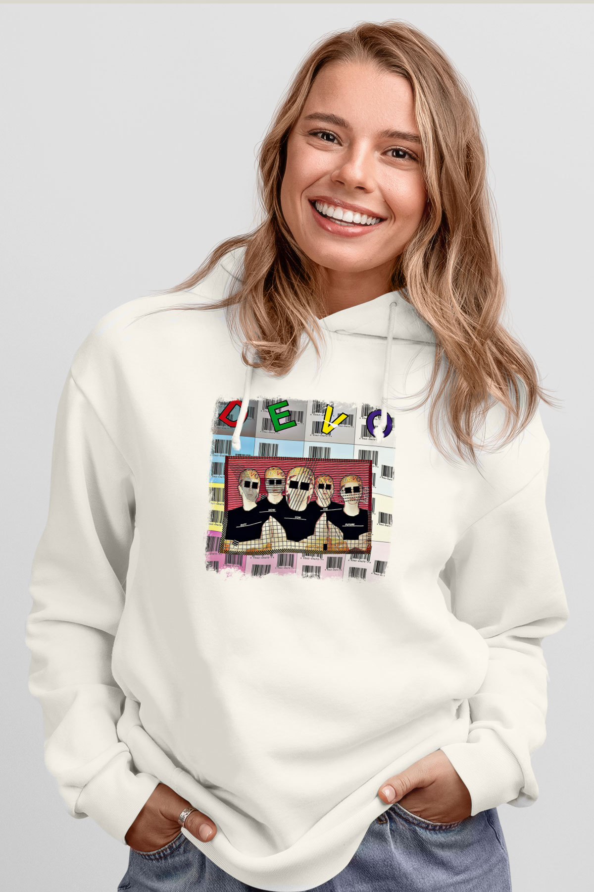 Devo Baskılı Unisex Beyaz Hoodie