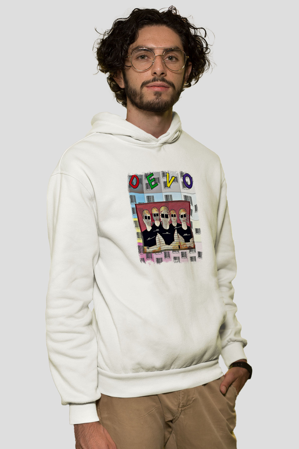 Devo Baskılı Unisex Beyaz Hoodie