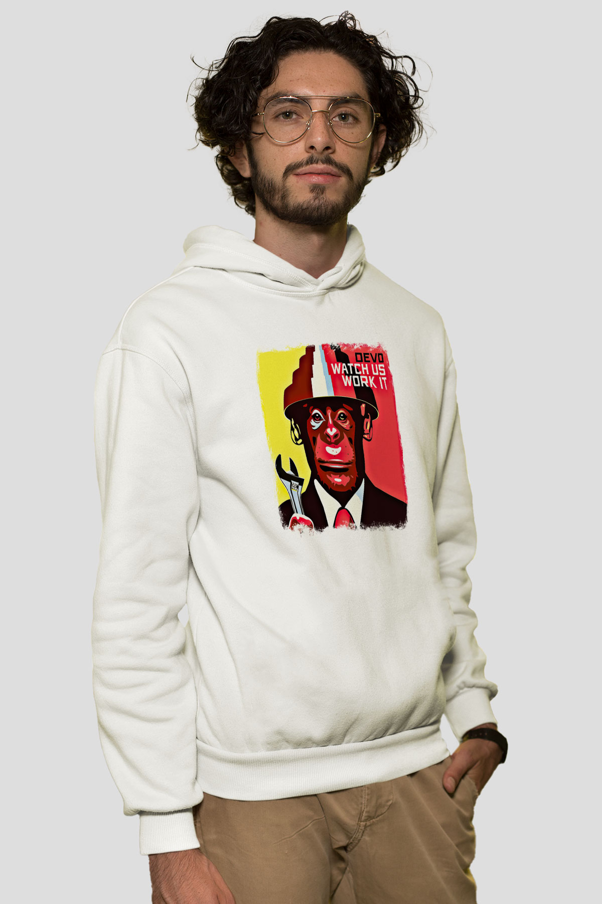 Devo Baskılı Unisex Beyaz Hoodie