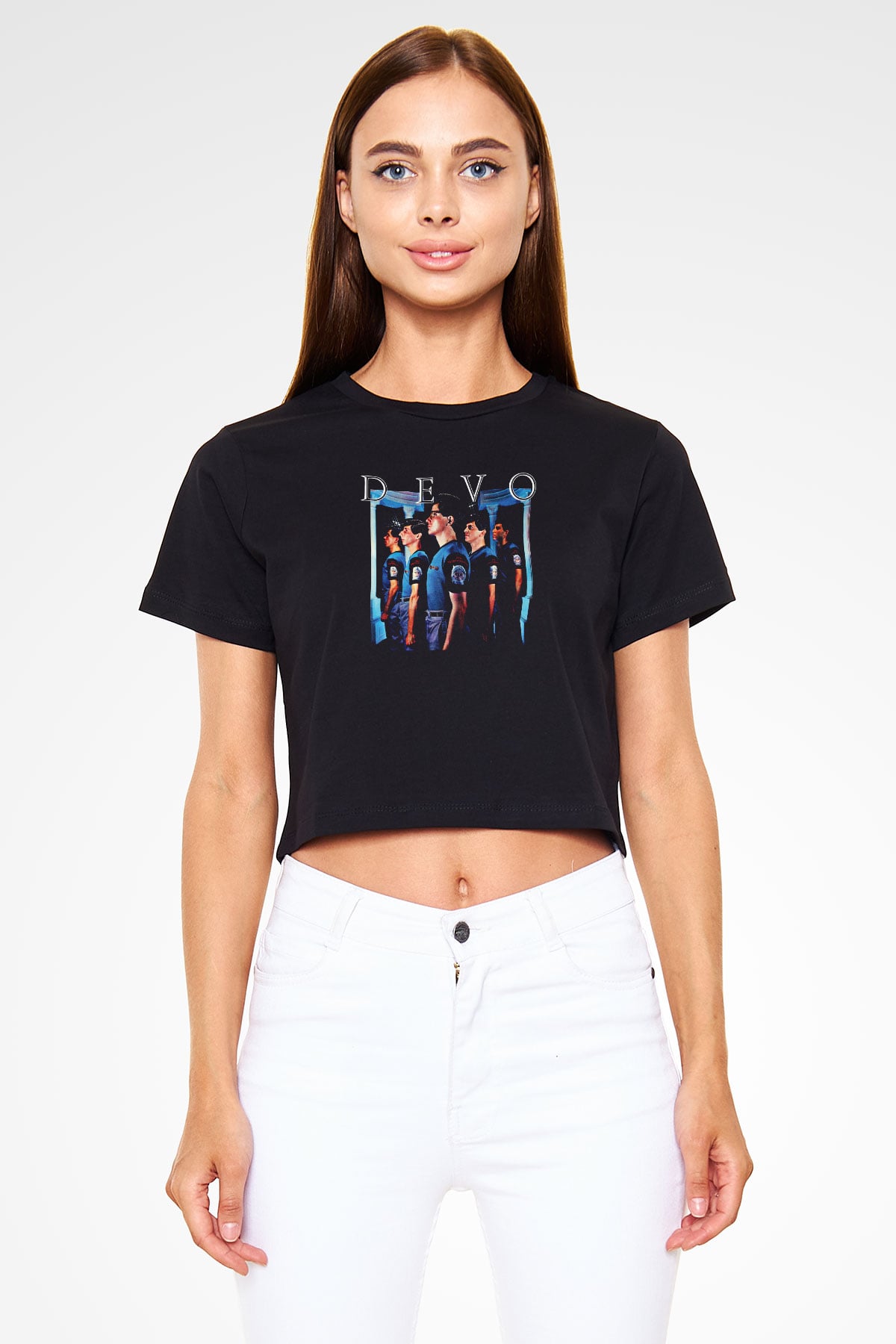 Devo Baskılı Unisex Siyah Crop Top Tişört
