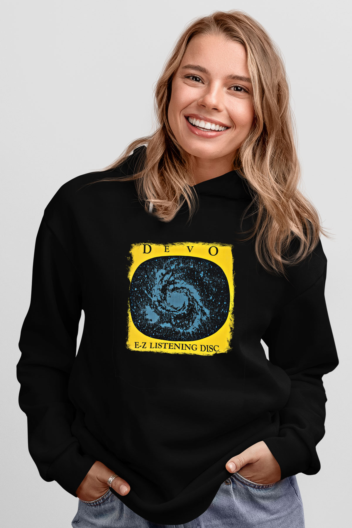 Devo Baskılı Unisex Siyah Hoodie