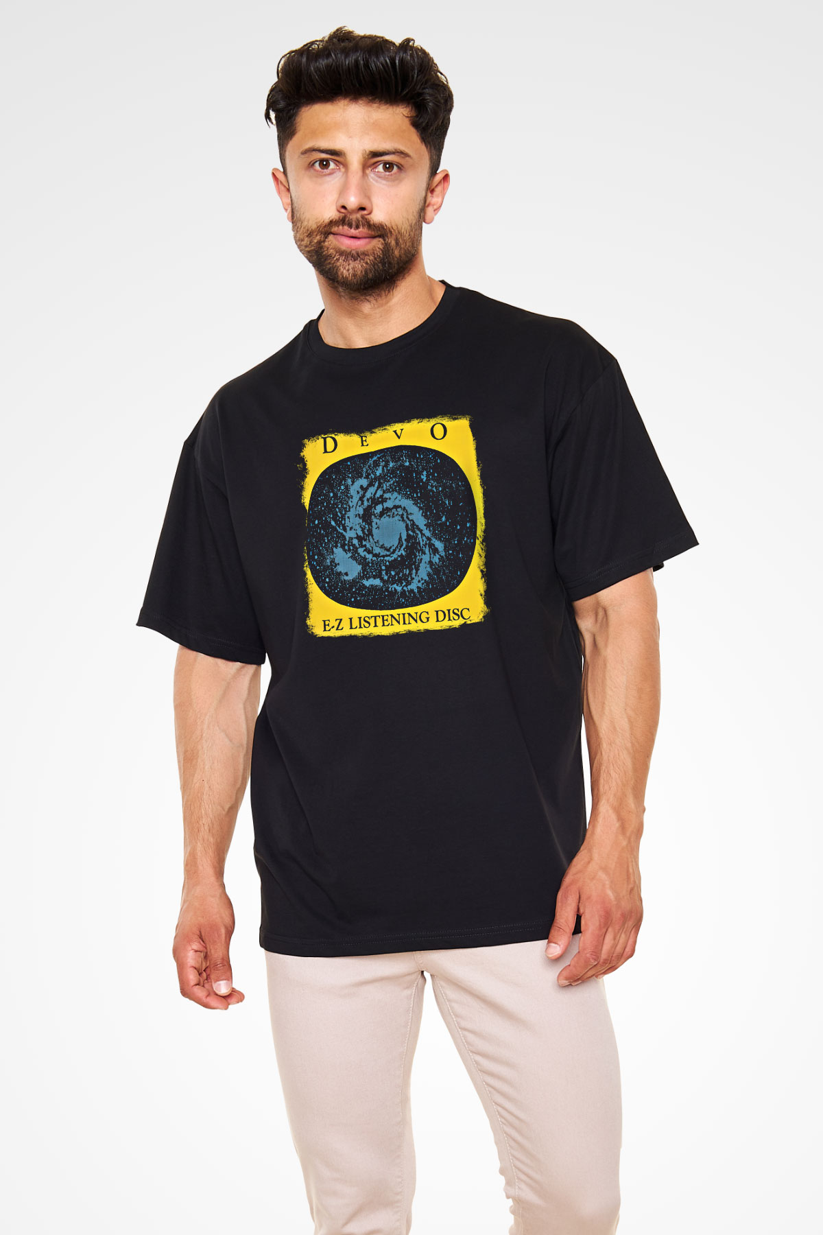 Devo Baskılı Unisex Siyah Oversize Tişört