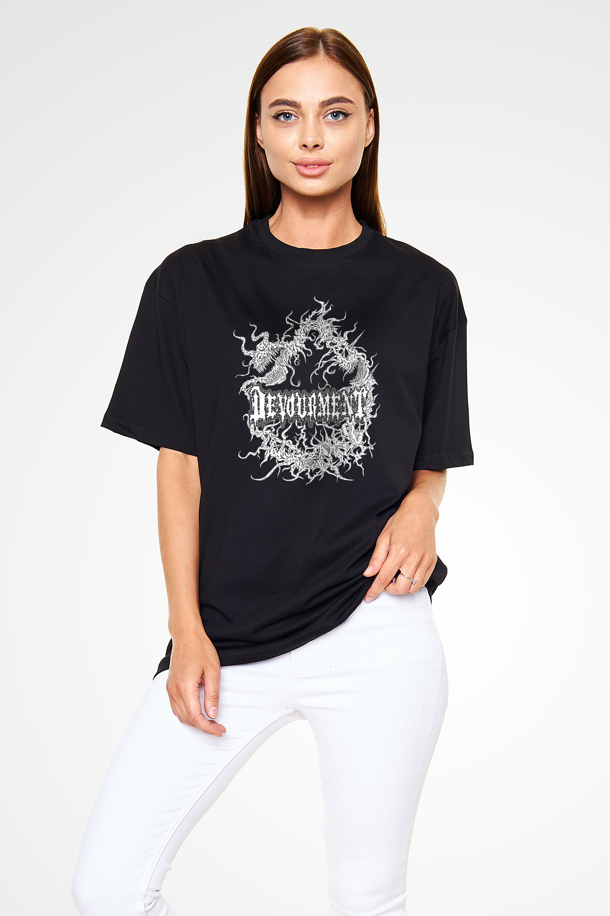 Devourment Baskılı Unisex Siyah Oversize Tişört - Tshirt