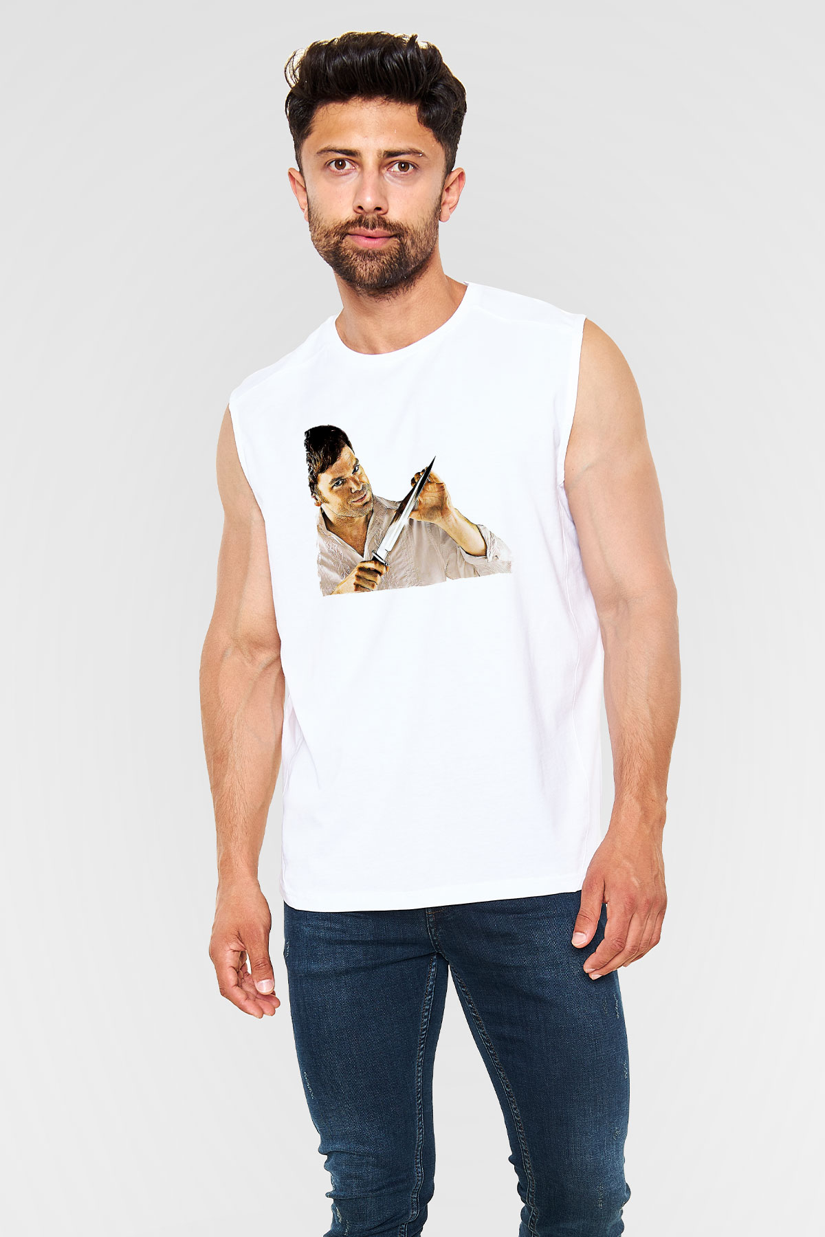 Dexter Baskılı Beyaz Unisex Kolsuz Tişört - Tshirt