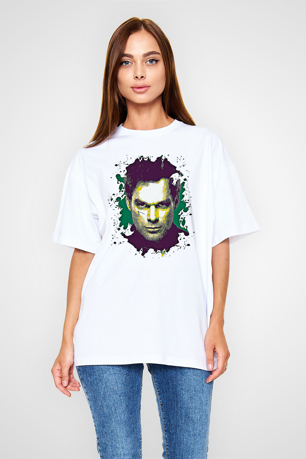 Dexter Baskılı Beyaz Unisex Oversize Tişört - Tshirt