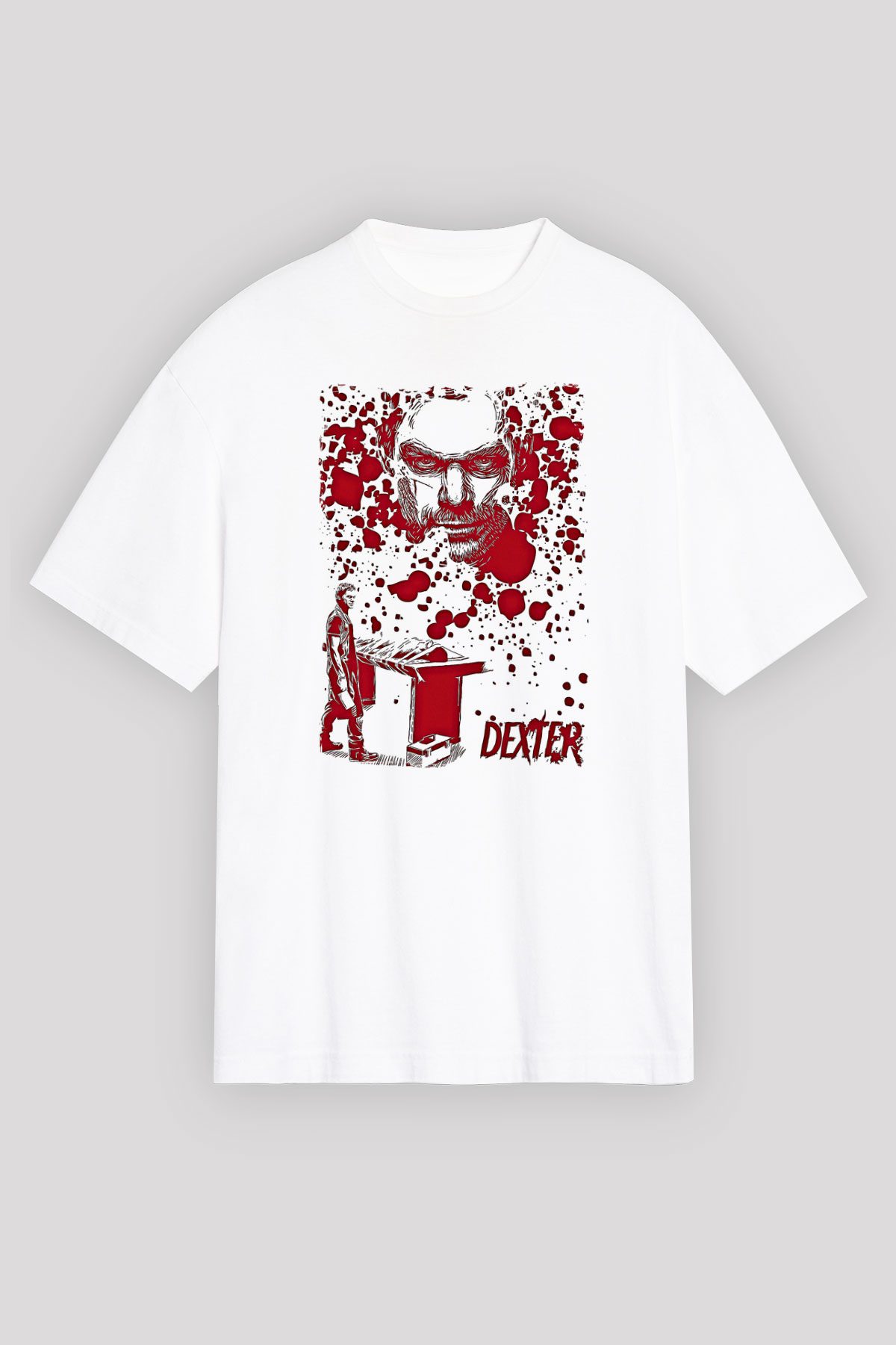 Dexter Baskılı Beyaz Unisex Oversize Tişört - Tshirt