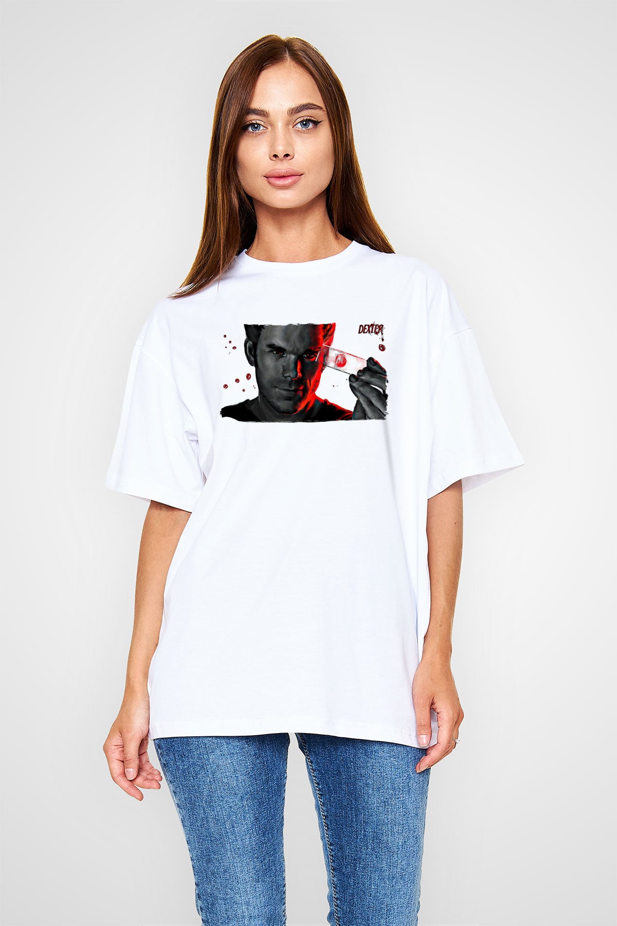 Dexter Baskılı Beyaz Unisex Oversize Tişört - Tshirt