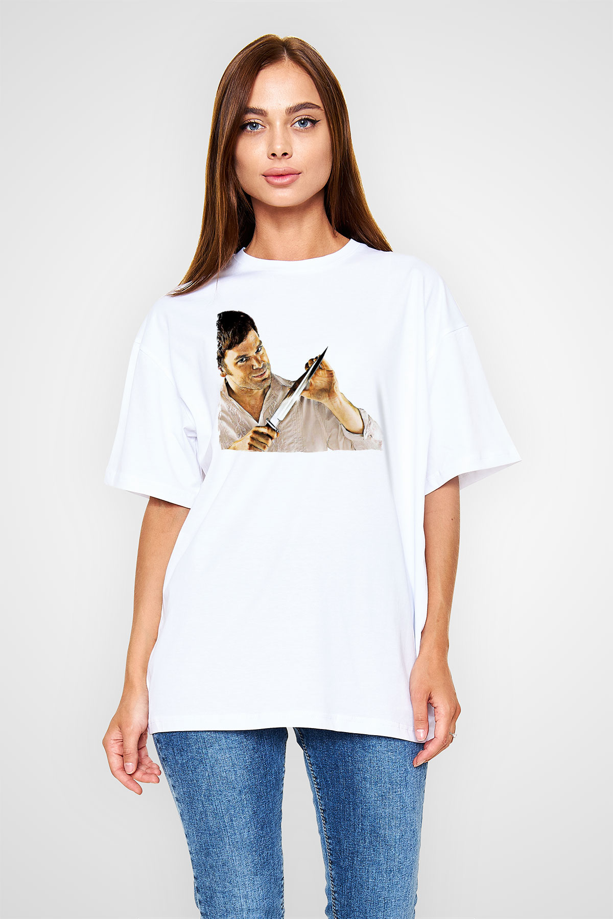 Dexter Baskılı Beyaz Unisex Oversize Tişört - Tshirt
