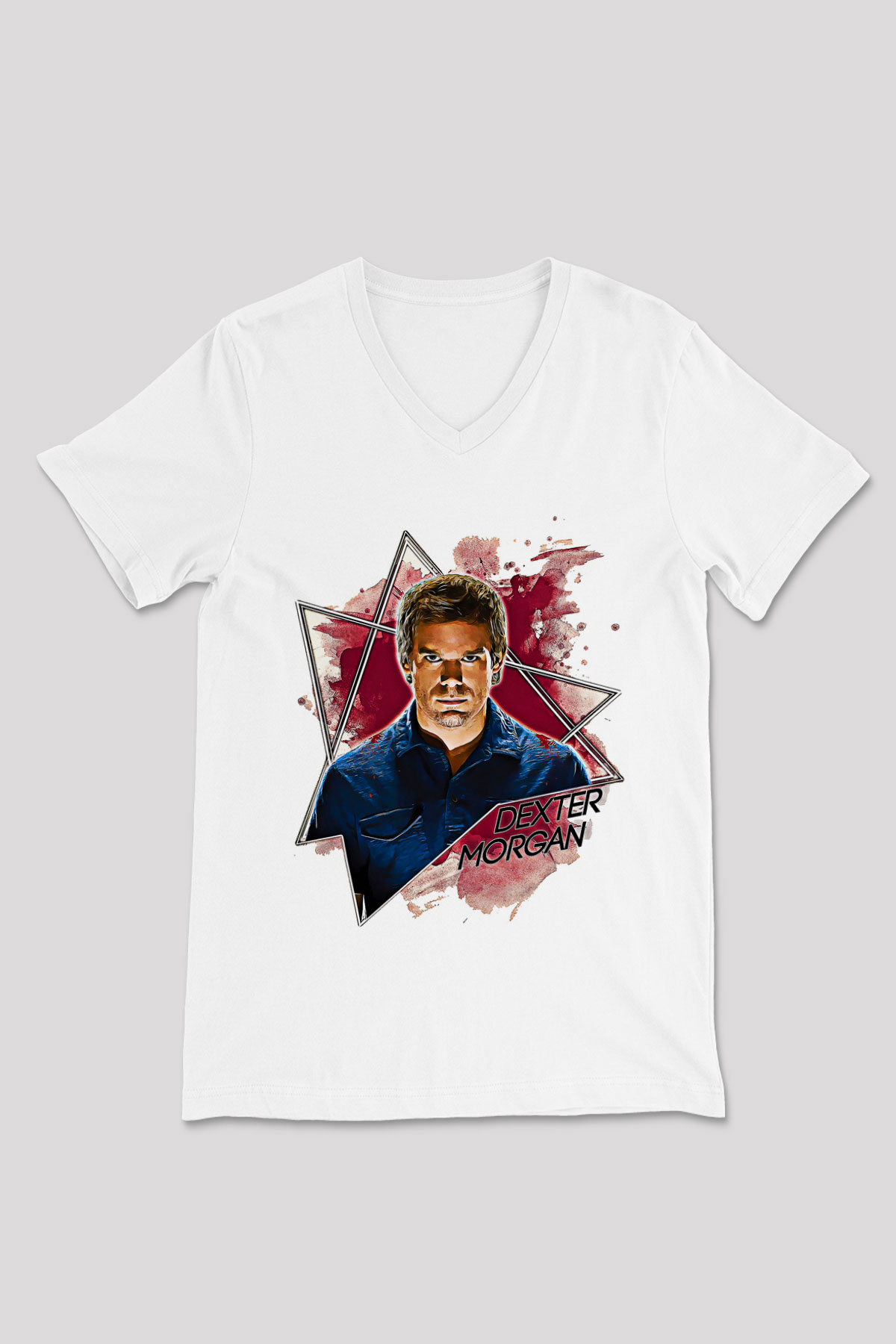 Dexter Baskılı Beyaz Unisex V Yaka Tişört - Tshirt