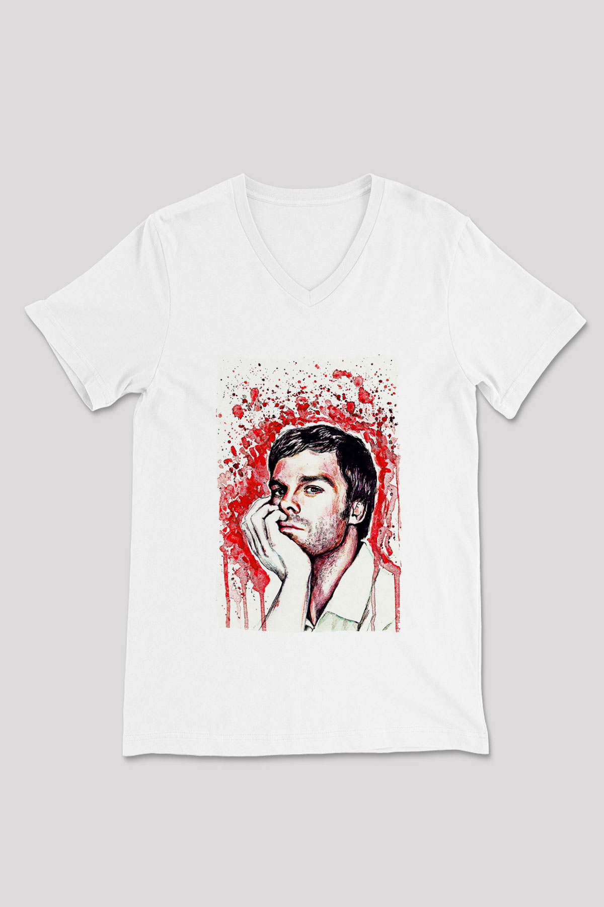 Dexter Baskılı Beyaz Unisex V Yaka Tişört - Tshirt