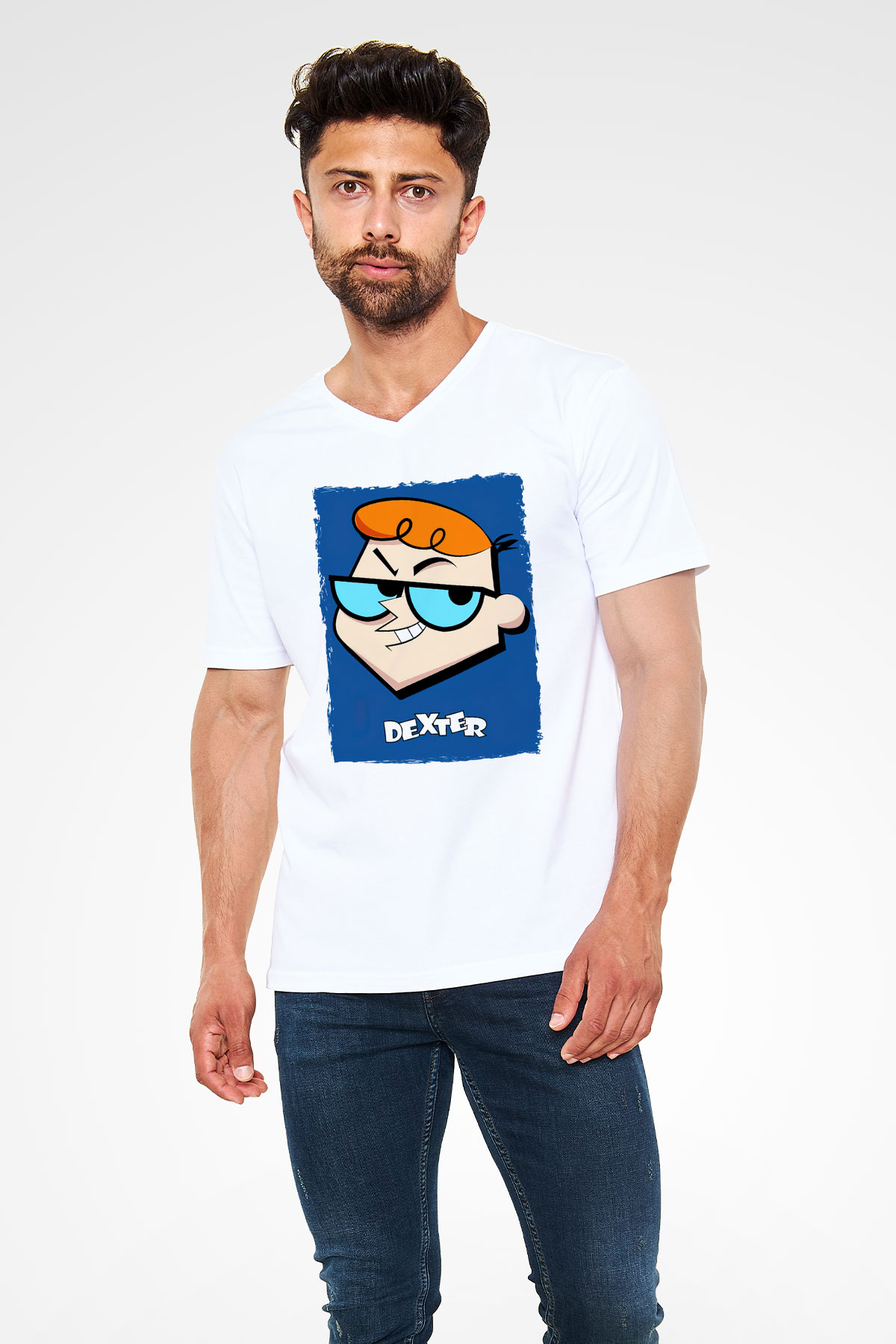 Dexters Laboratory Beyaz Unisex V Yaka Tişört