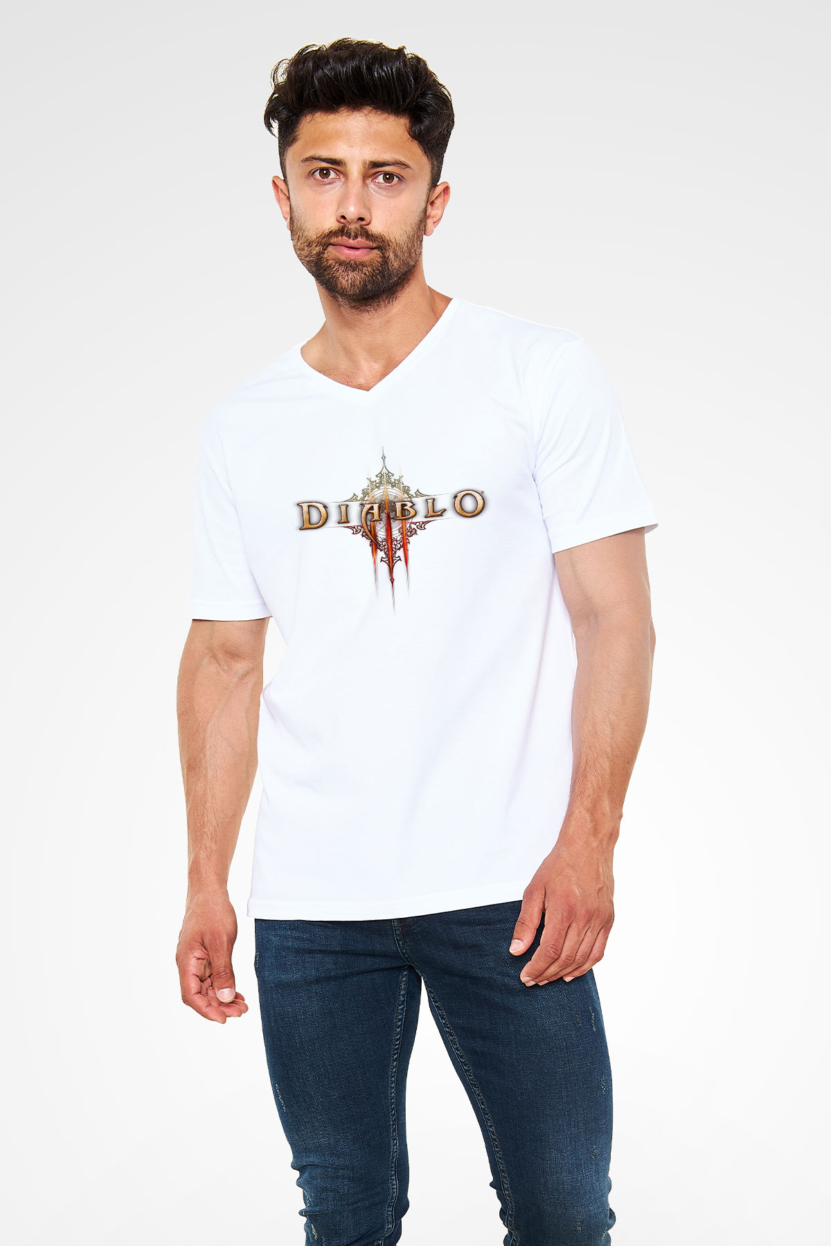 Diablo Beyaz Unisex V Yaka Tişört T-Shirt