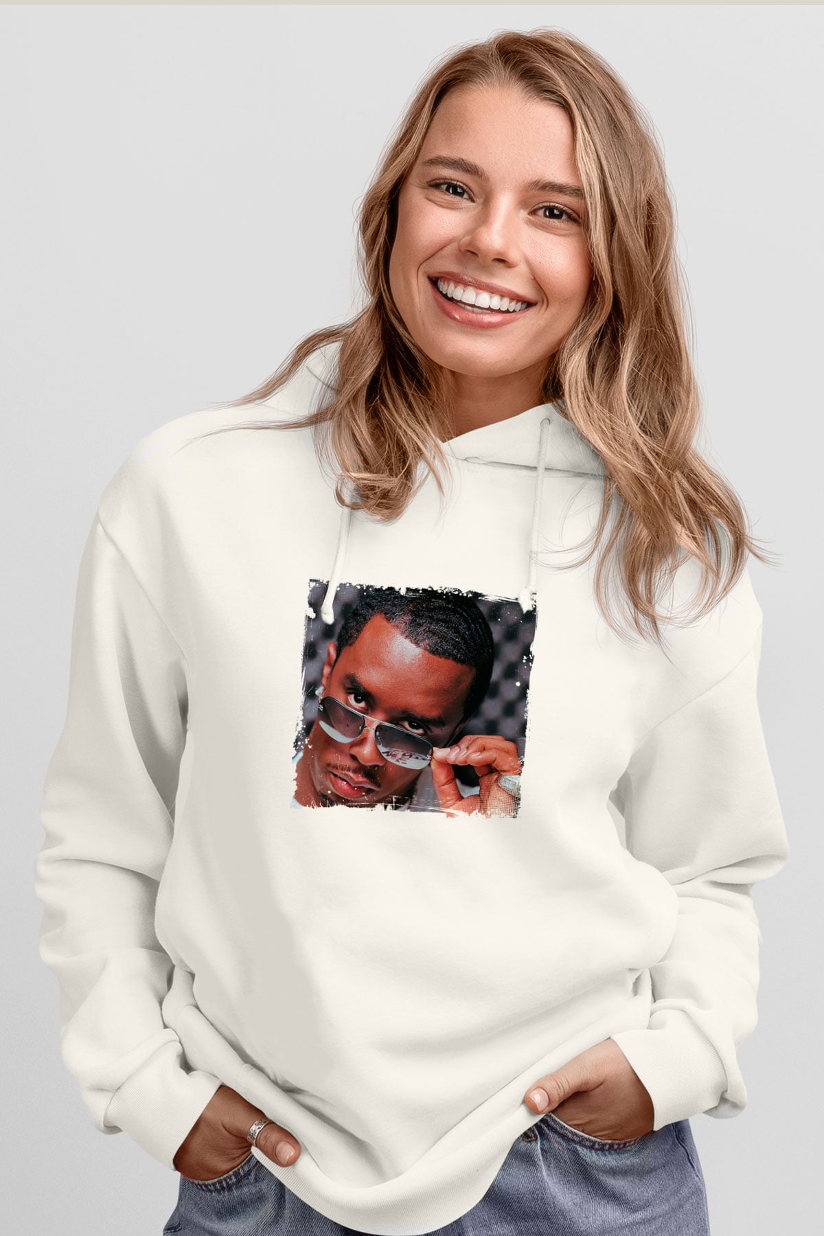 Diddy Baskılı Unisex Beyaz Kapüşonlu Sweatshirt