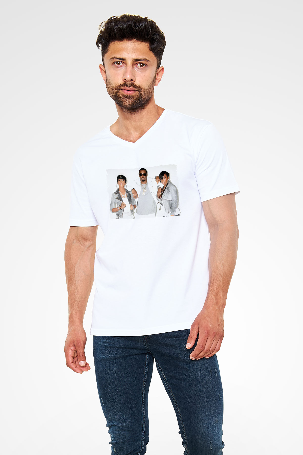 Diddy Beyaz Unisex V Yaka Tişört