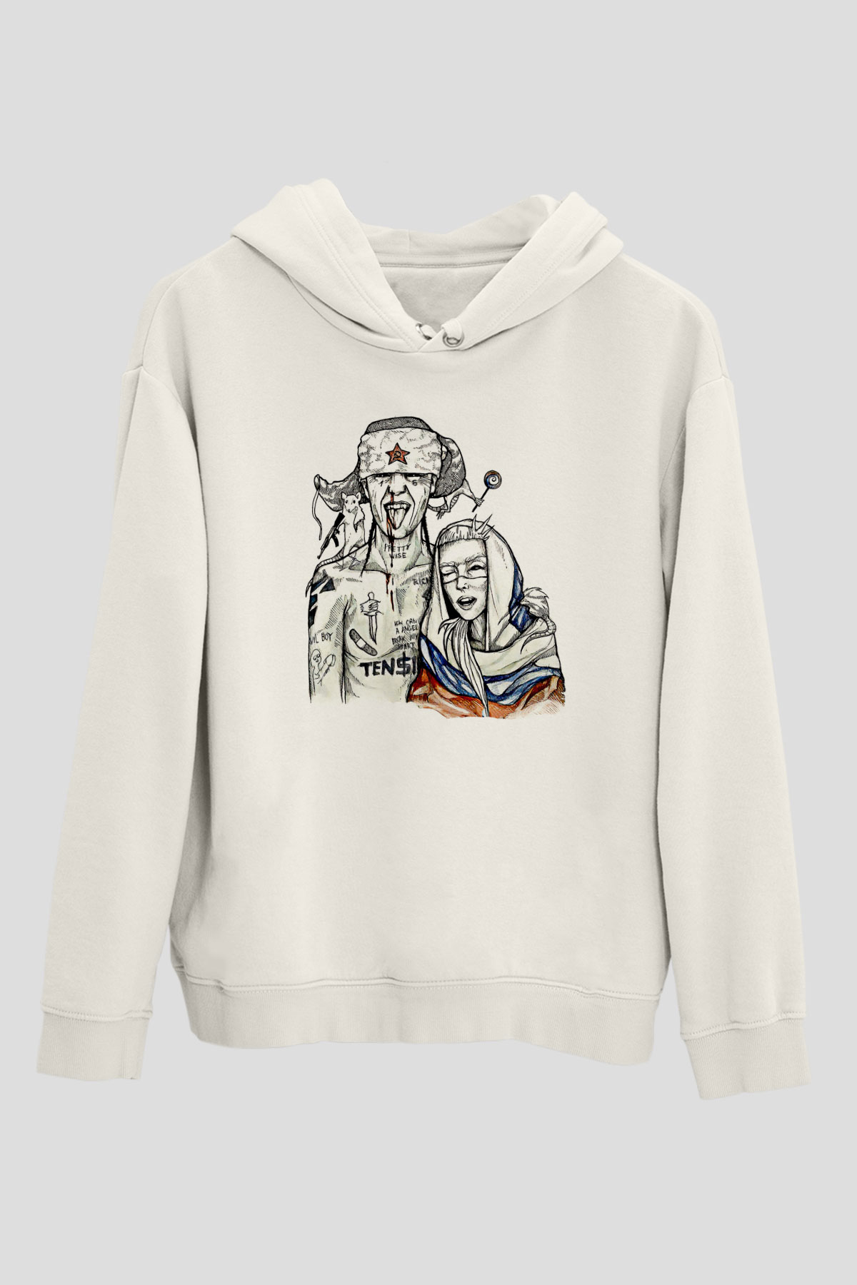 Die Antwoord Baskılı Beyaz Unisex Kapüşonlu Sweatshirt