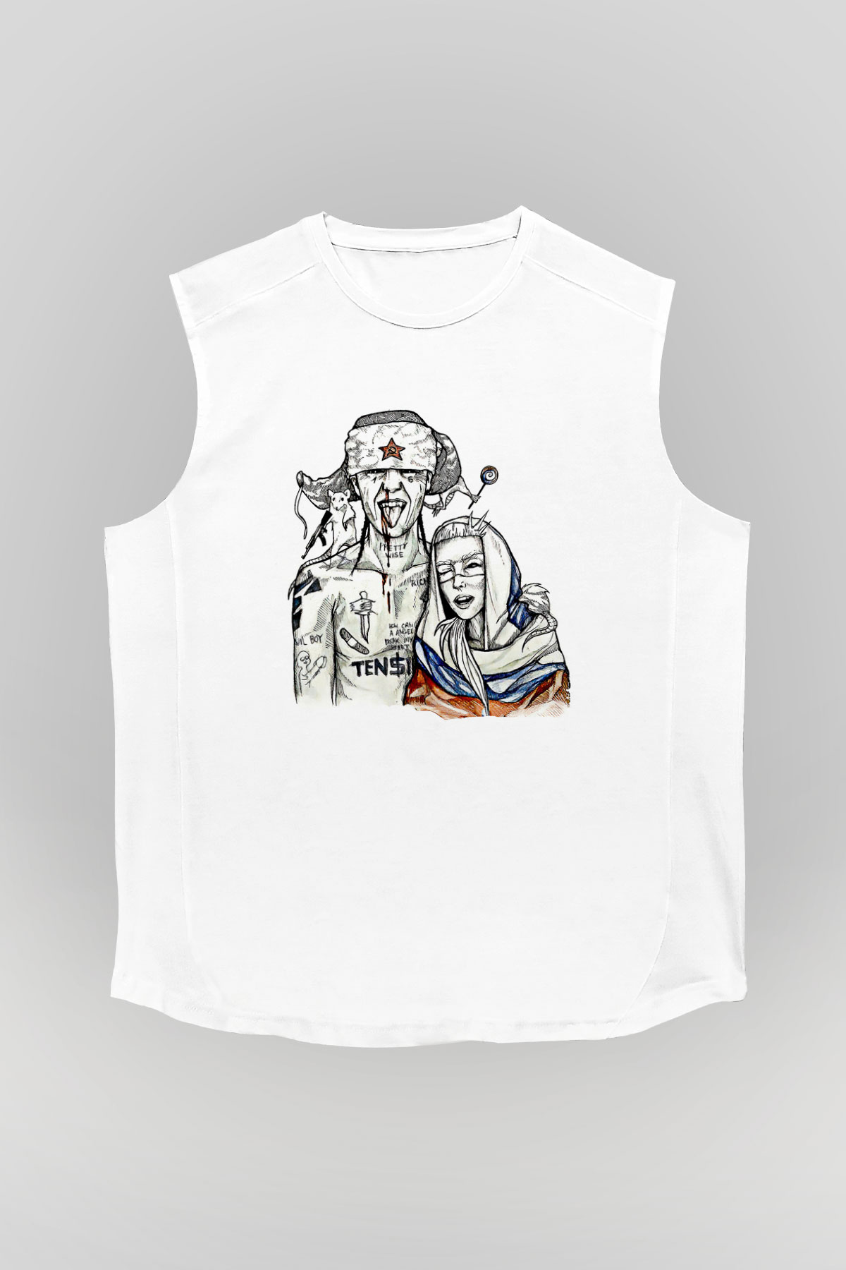 Die Antwoord Baskılı Beyaz Unisex Kolsuz Tişört - Tshirt