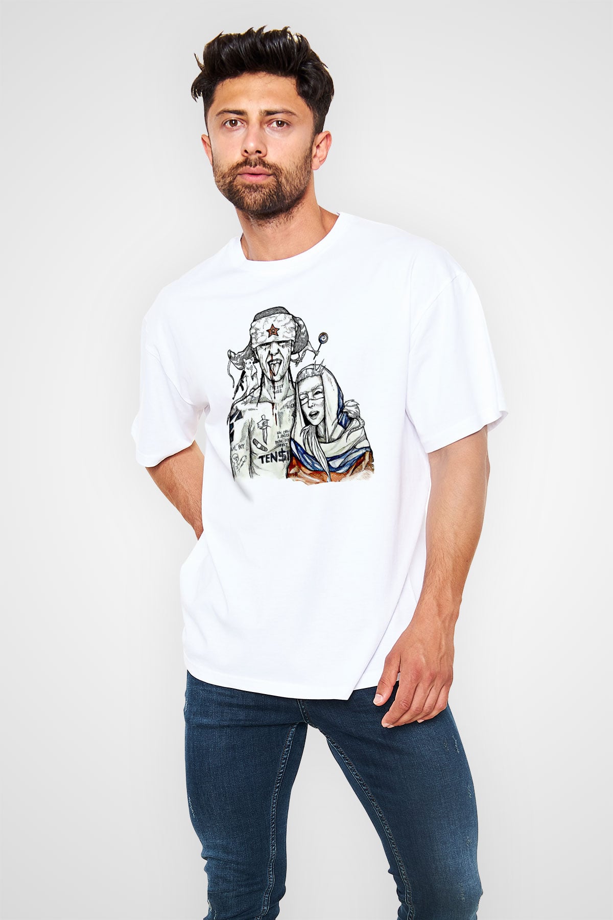 Die Antwoord Baskılı Beyaz Unisex Oversize Tişört - Tshirt