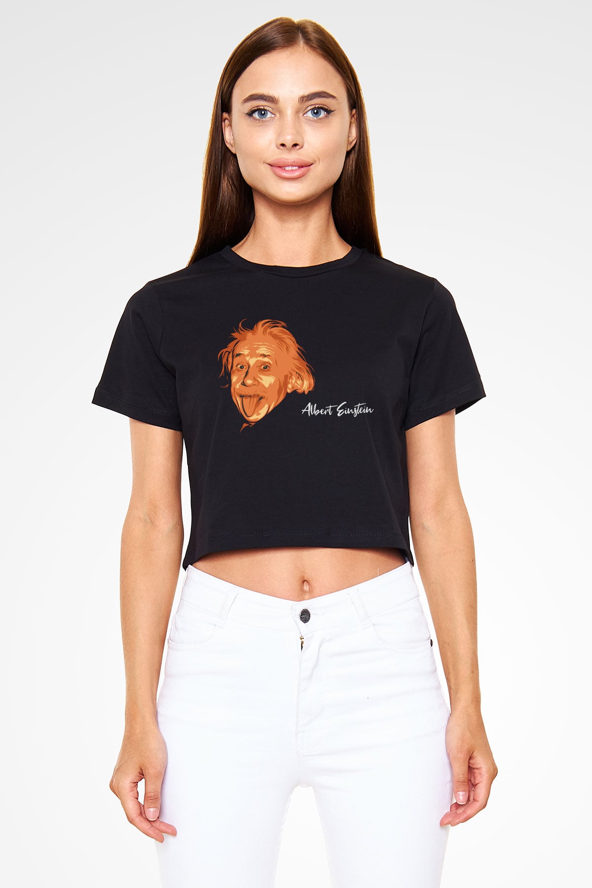 Dil Çıkaran Albert Einstein Baskılı Siyah Kadın Crop Top Tişört