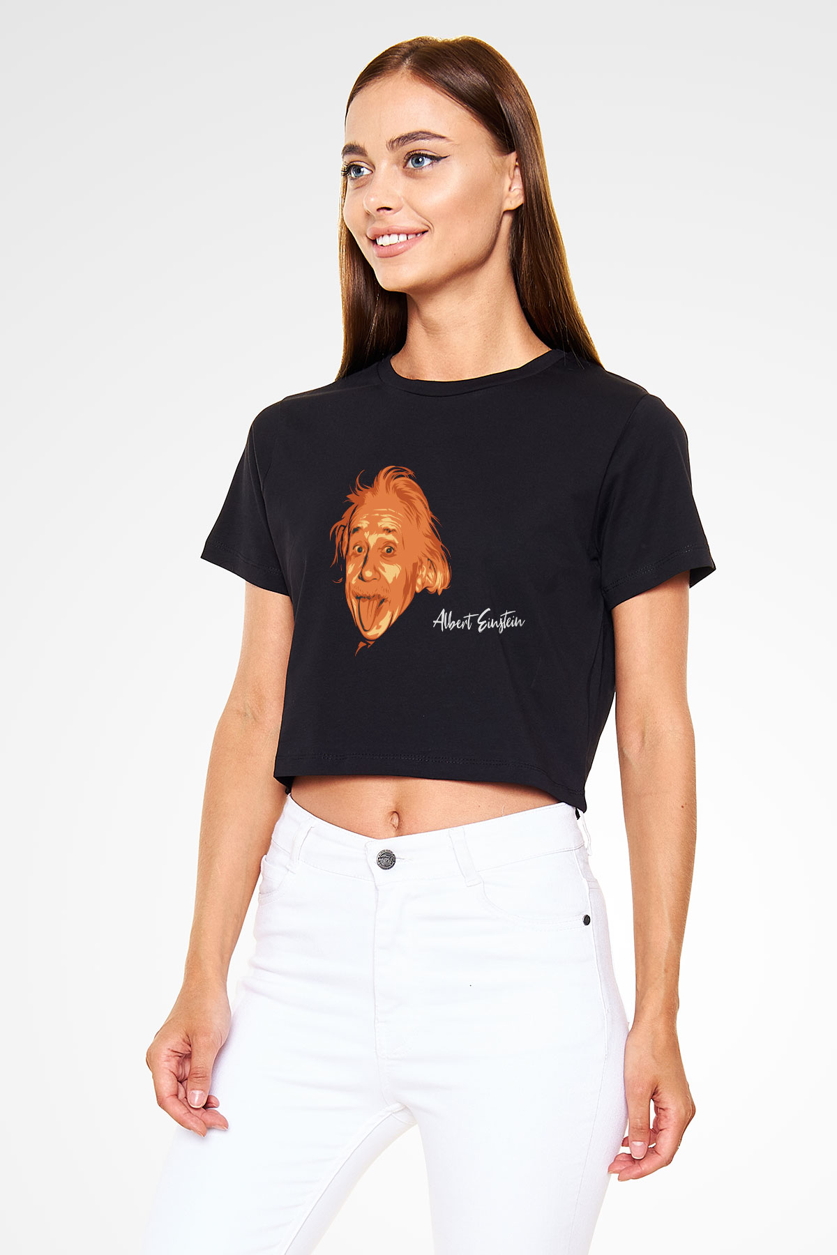 Dil Çıkaran Albert Einstein Baskılı Siyah Kadın Crop Top Tişört