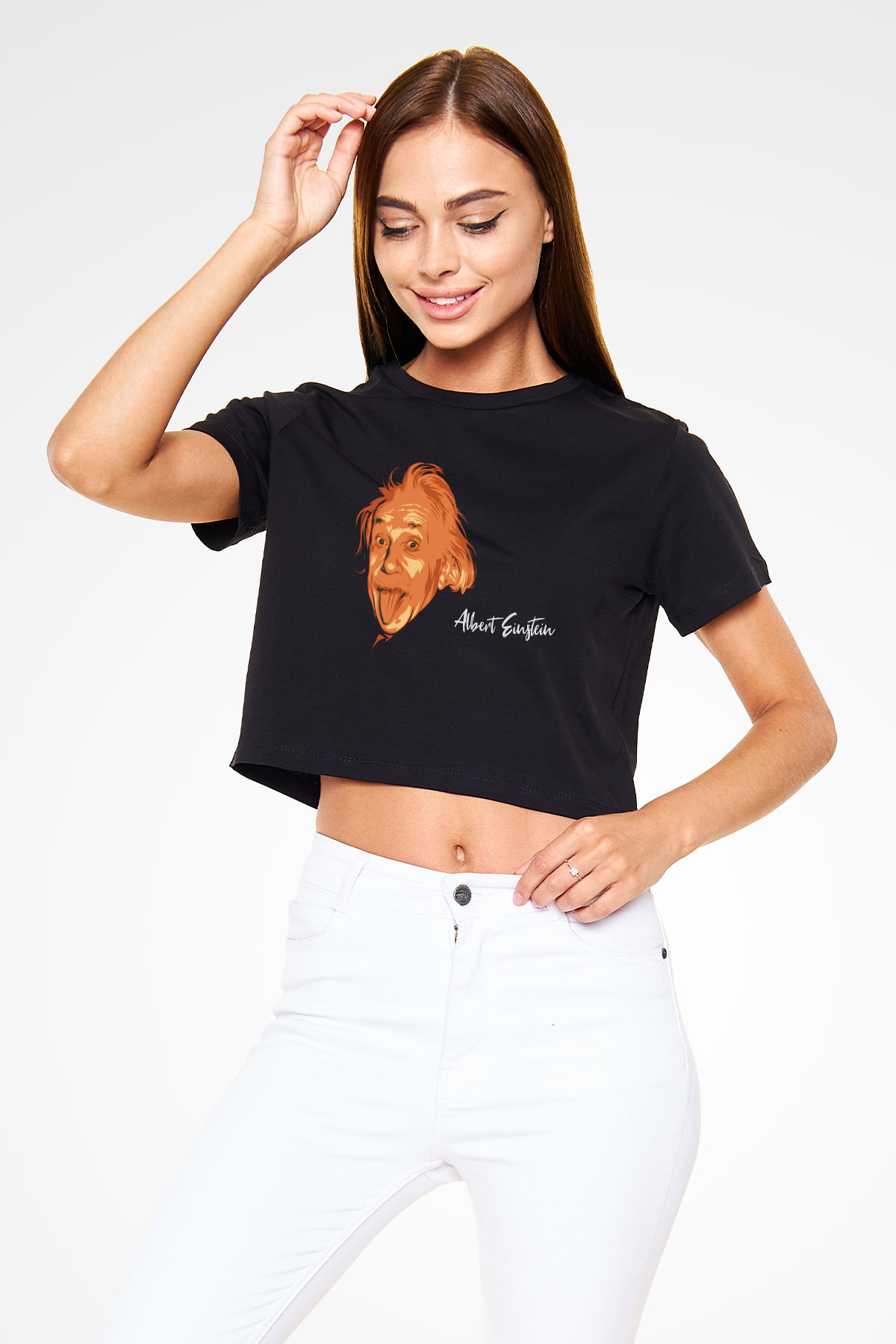 Dil Çıkaran Albert Einstein Baskılı Siyah Kadın Crop Top Tişört