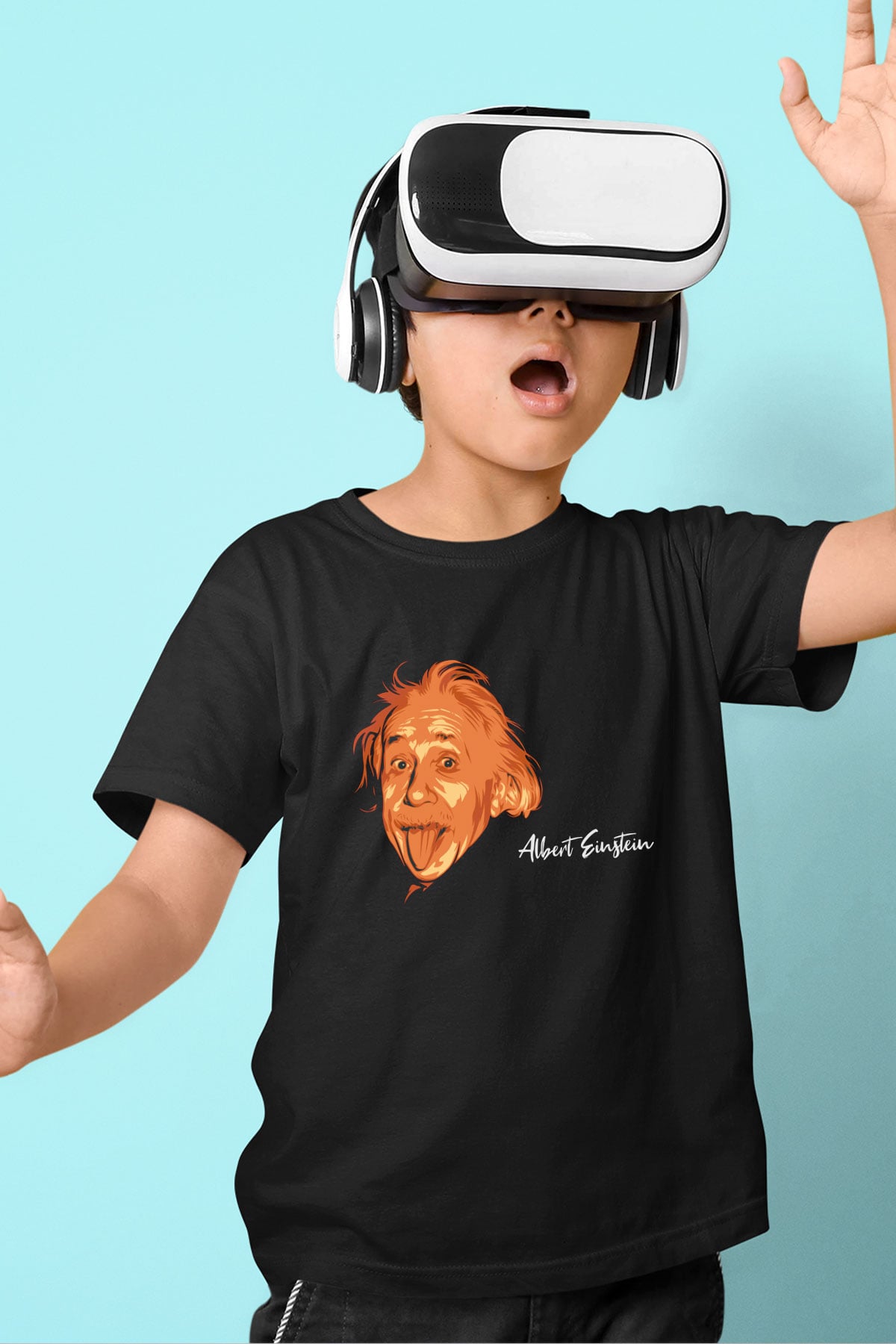 Dil Çıkaran Albert Einstein Baskılı Unisex Siyah Çocuk Tişört