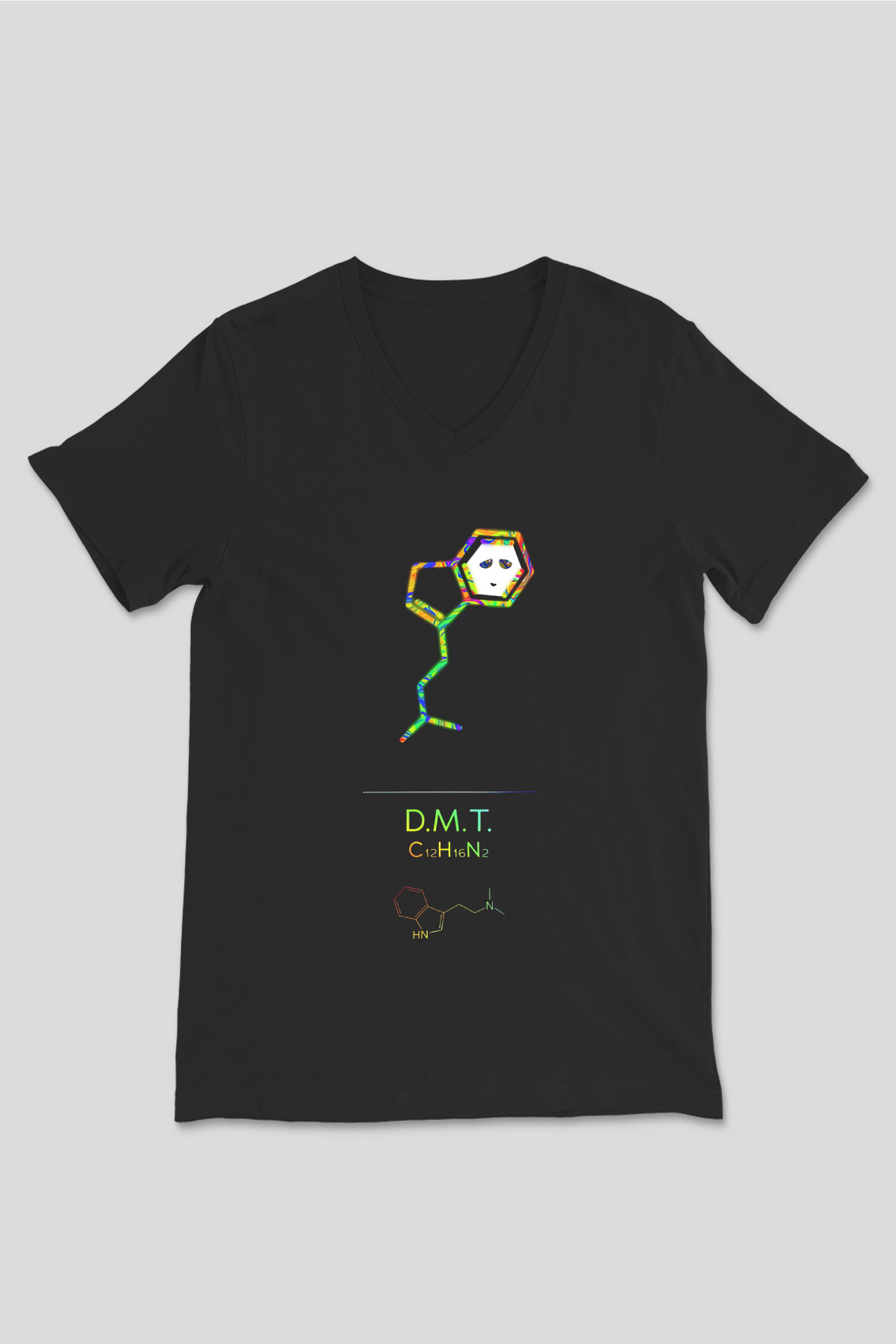 Dimetiltriptamin Molekülü Baskılı Unisex V Yaka Siyah Tİşört - Tshirt