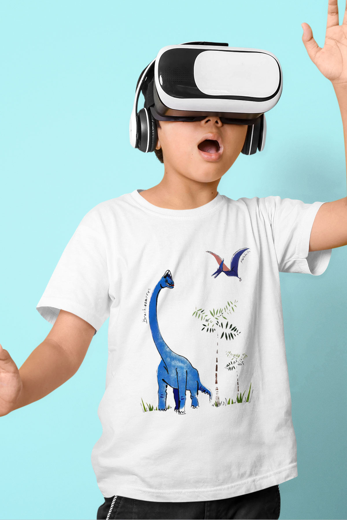 Dinozor Baskılı Beyaz Unisex Çocuk Tişört