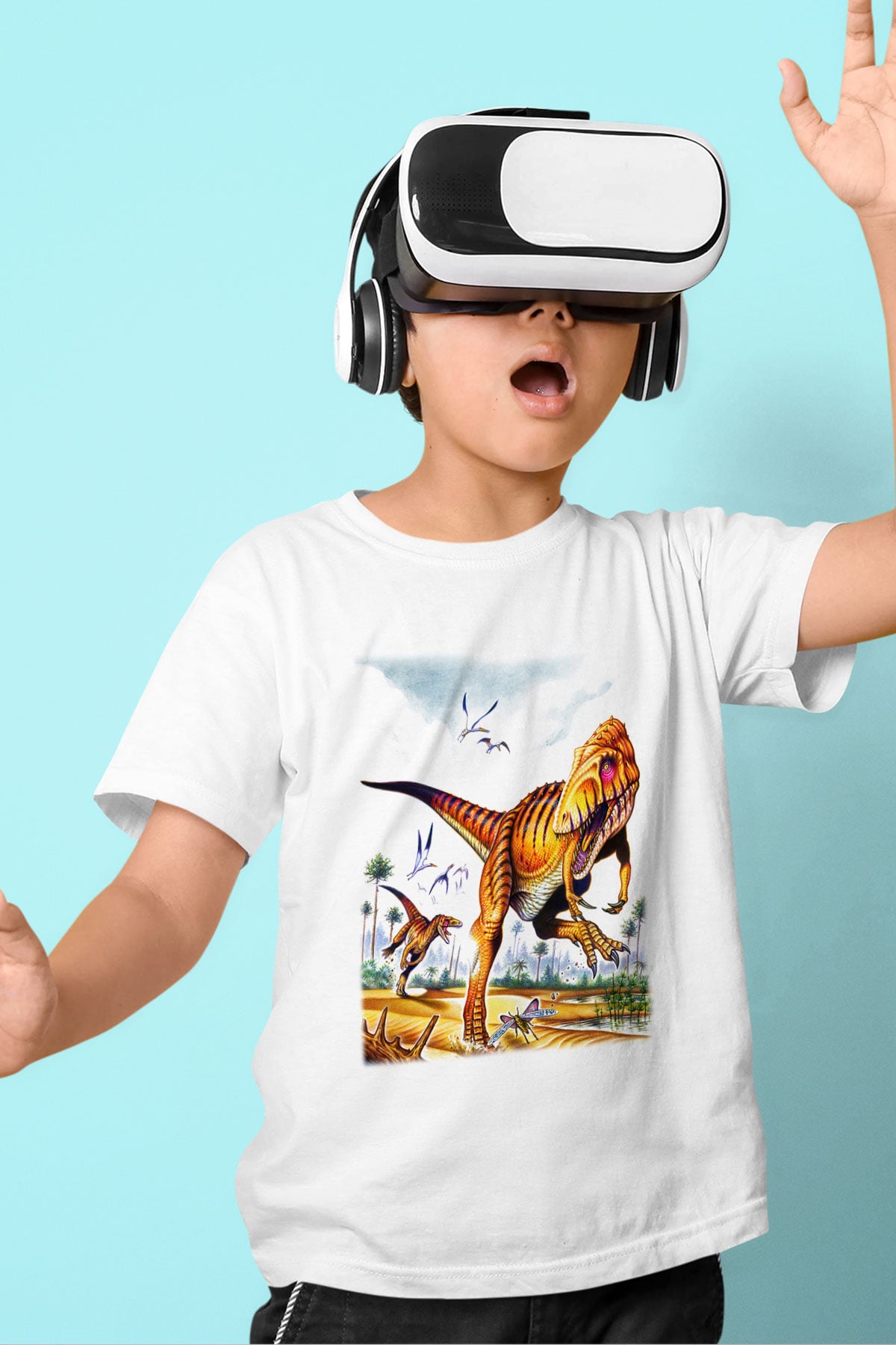 Dinozor Baskılı Beyaz Unisex Çocuk Tişört